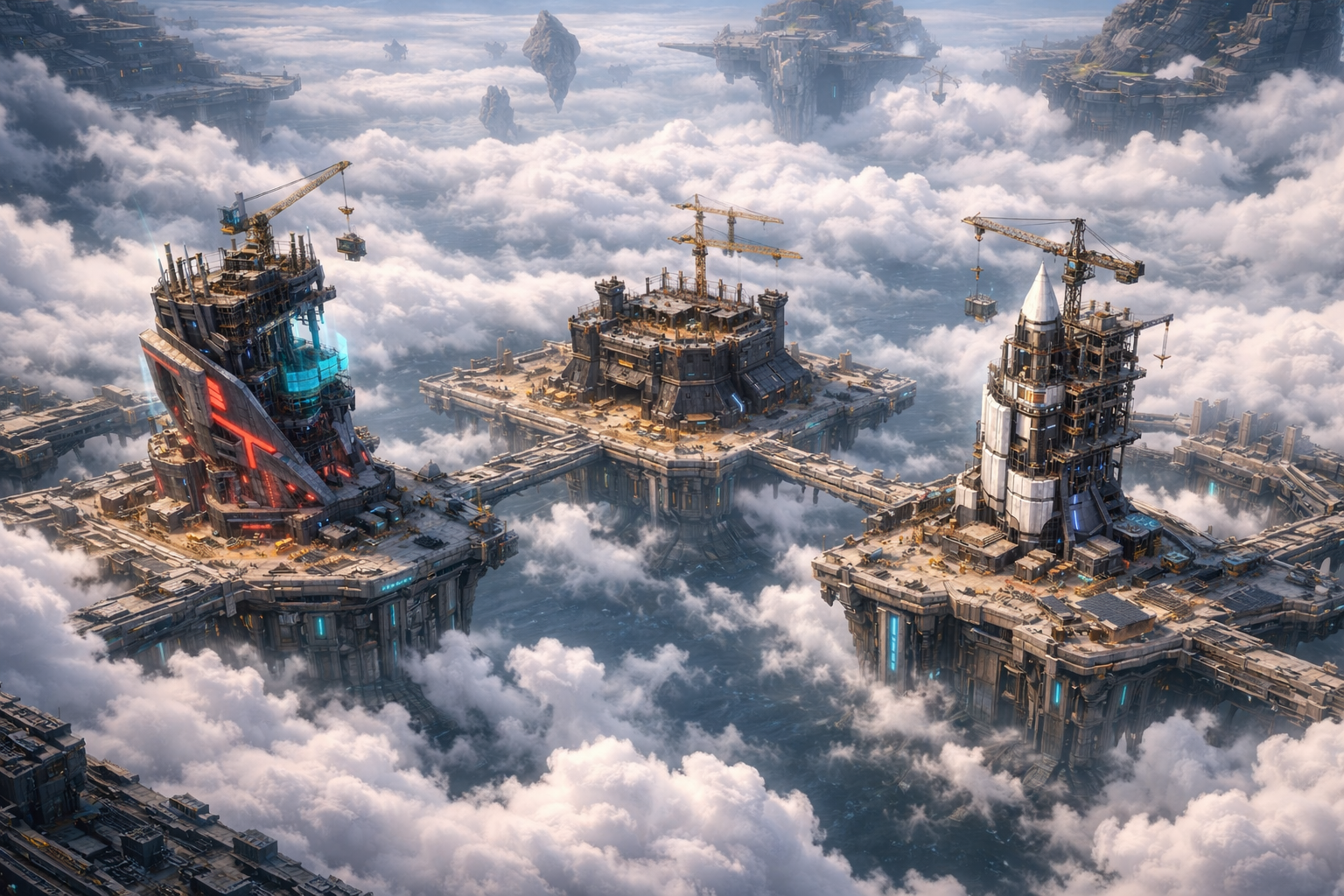 Floating fortress structures in the clouds representing multiple in-development projects at Cloud Fortress Studio