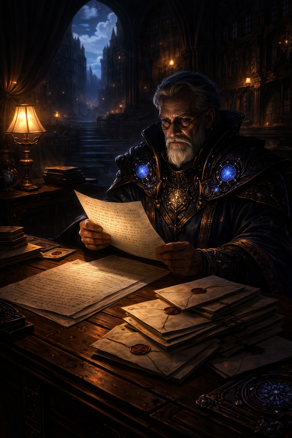 Stylized archivist figure reading a letter in a dimly lit study, representing communication and correspondence at Cloud Fortress Studio