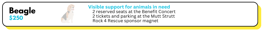 Text information about a Beagle ticket donation for animal support. It details a $250 donation including 2 reserved seats at the Benefit Concert, 2 tickets and parking at Mutt Strutt, and a Rock 4 Rescue sponsor magnet.