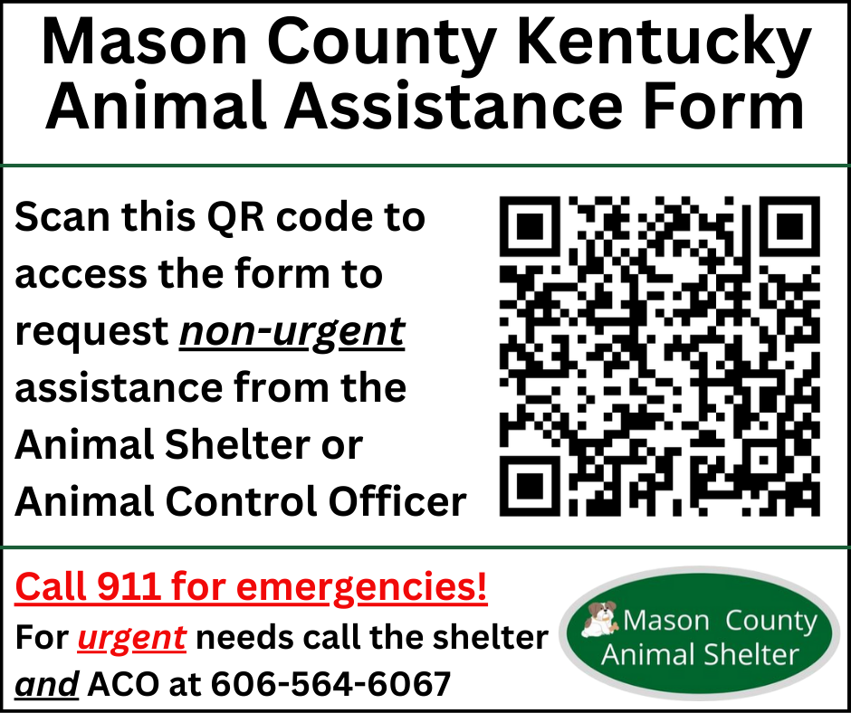 Mason County Kentucky Animal Assistance Form with QR code, and shelter contact information including emergency call instructions.