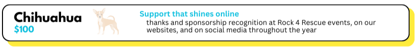 Banner for a Chihuahua fundraising event with a dog icon, titled 'Support that shines online,' thanking sponsors for Rock 4 Rescue events, with a $100 goal.
