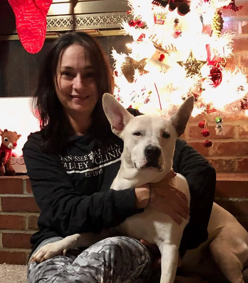 A woman sitting on the floor holding a dog in front of a decorated Christmas tree. The woman is smiling, and the dog has one ear upright and the other slightly tilted. The background includes holiday decorations such as a red hanging ornament and a plush reindeer.