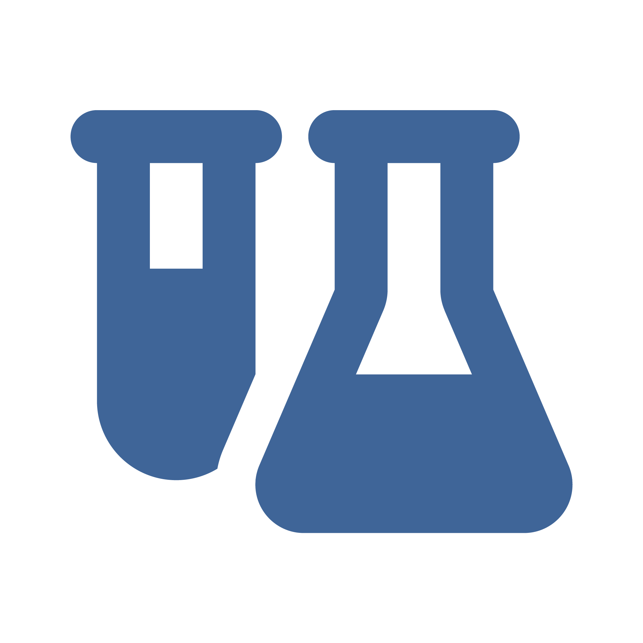 Large blue laboratory flask and beaker overlapping on a black background.