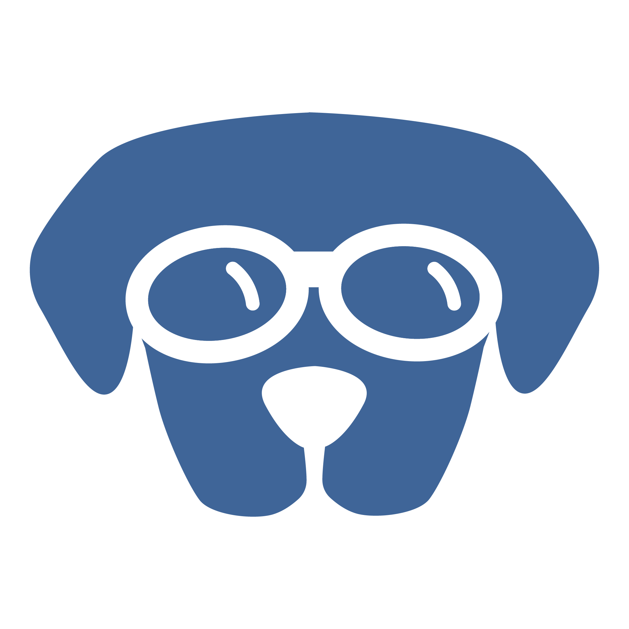 Illustration of a blue dog face wearing black round glasses.