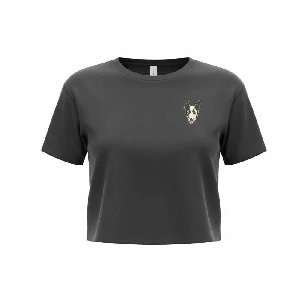 Black T-shirt with a small dog face graphic on the upper left chest area.