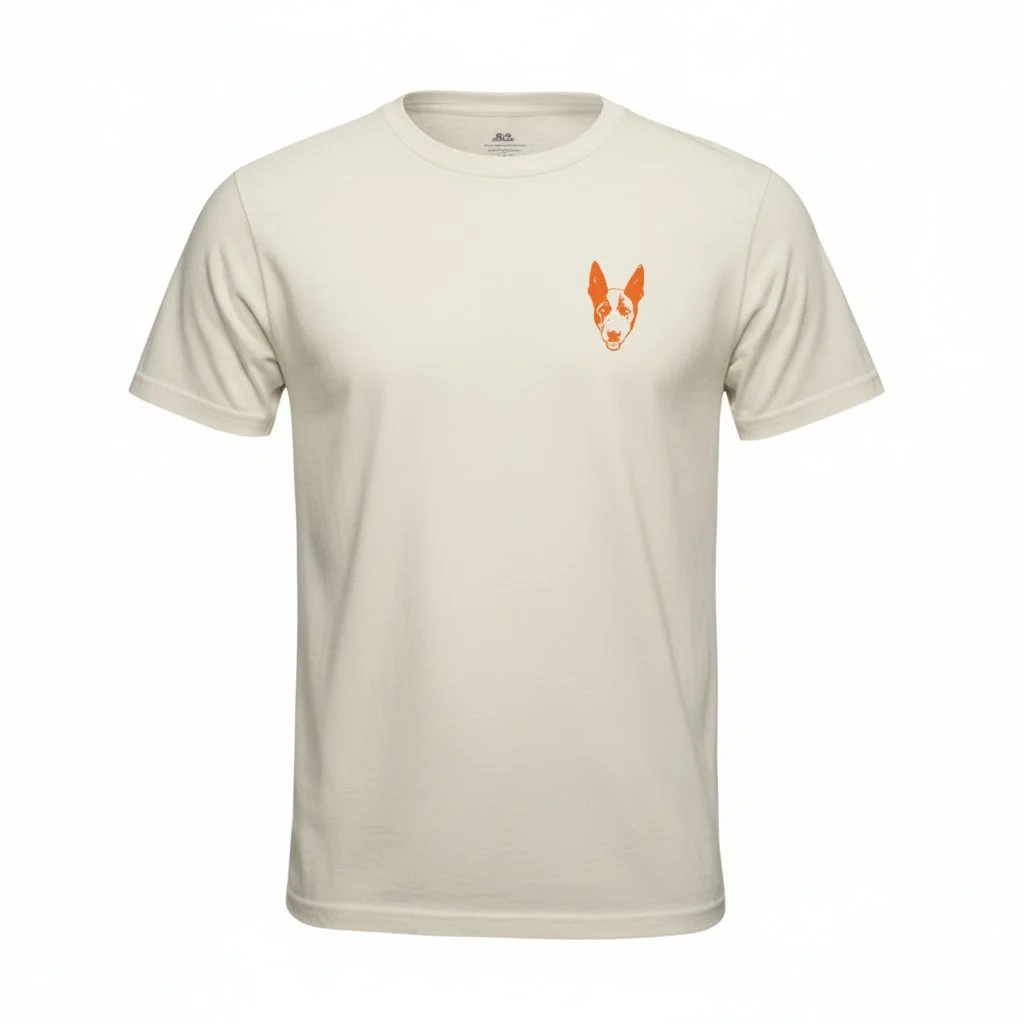 A white t-shirt with a small orange illustration of a dog's face on the left chest area.
