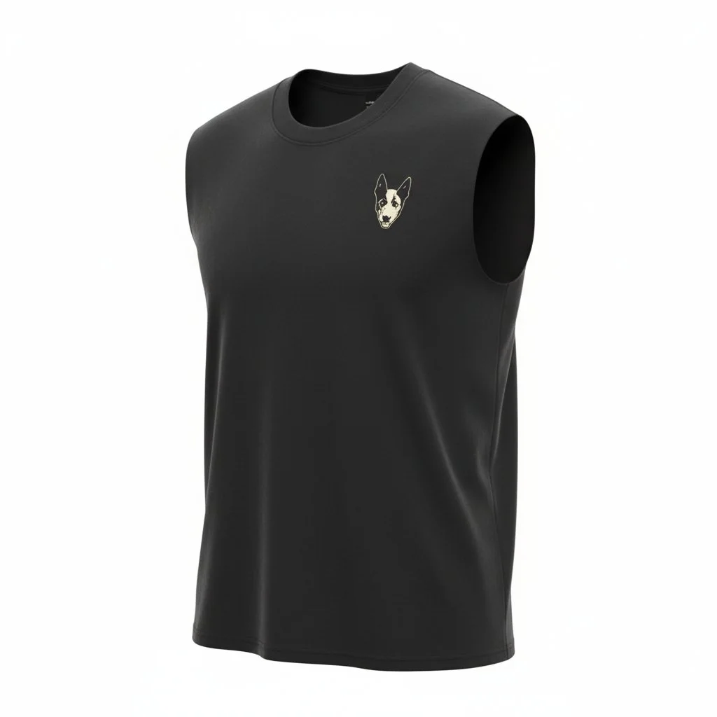 Black sleeveless T-shirt with a small dog face graphic on the upper left chest.