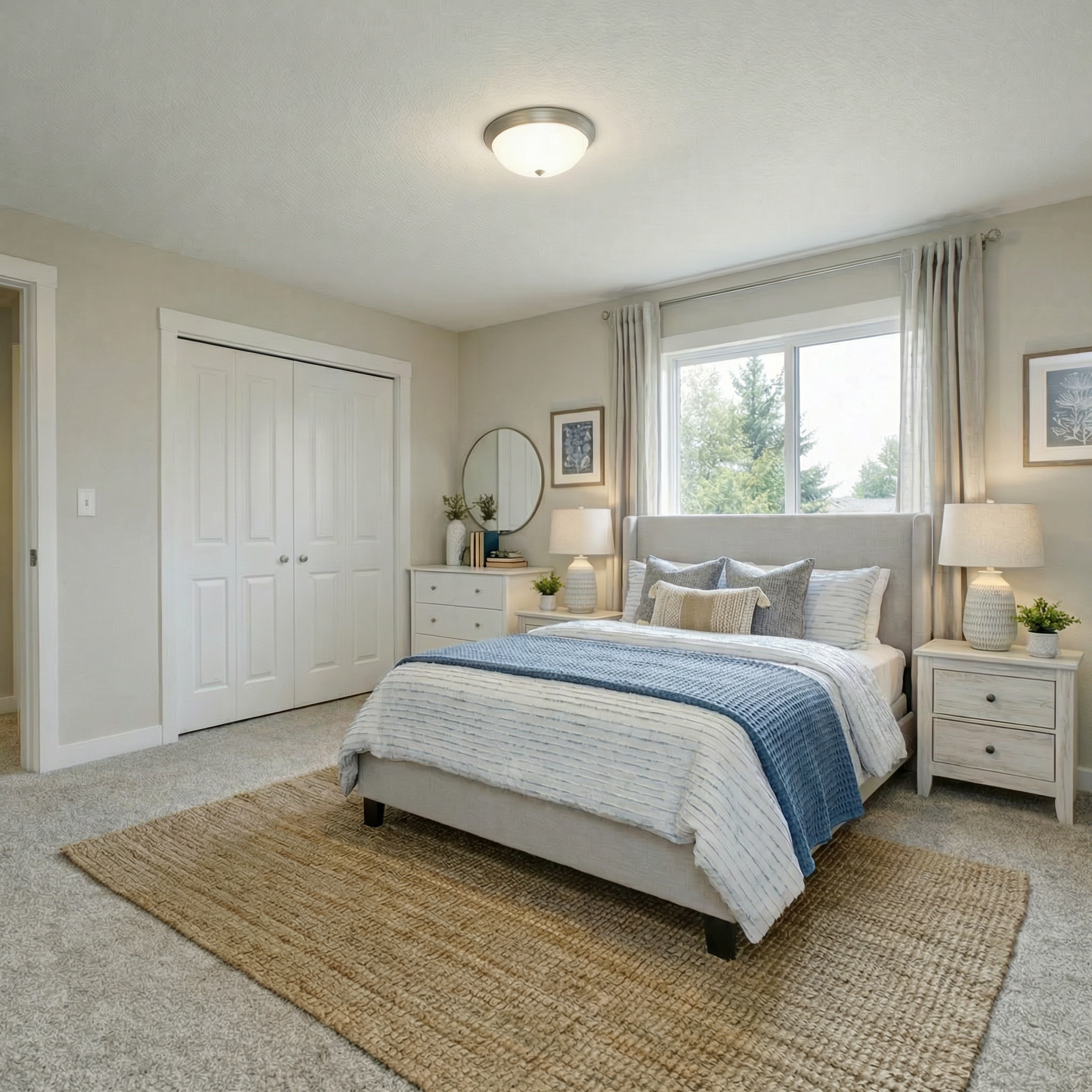 A cozy bedroom with a bed featuring white and blue bedding, flanked by white nightstands with lamps, a dresser with a mirror, and decorative plants and pictures, with a large window showing trees outside.
