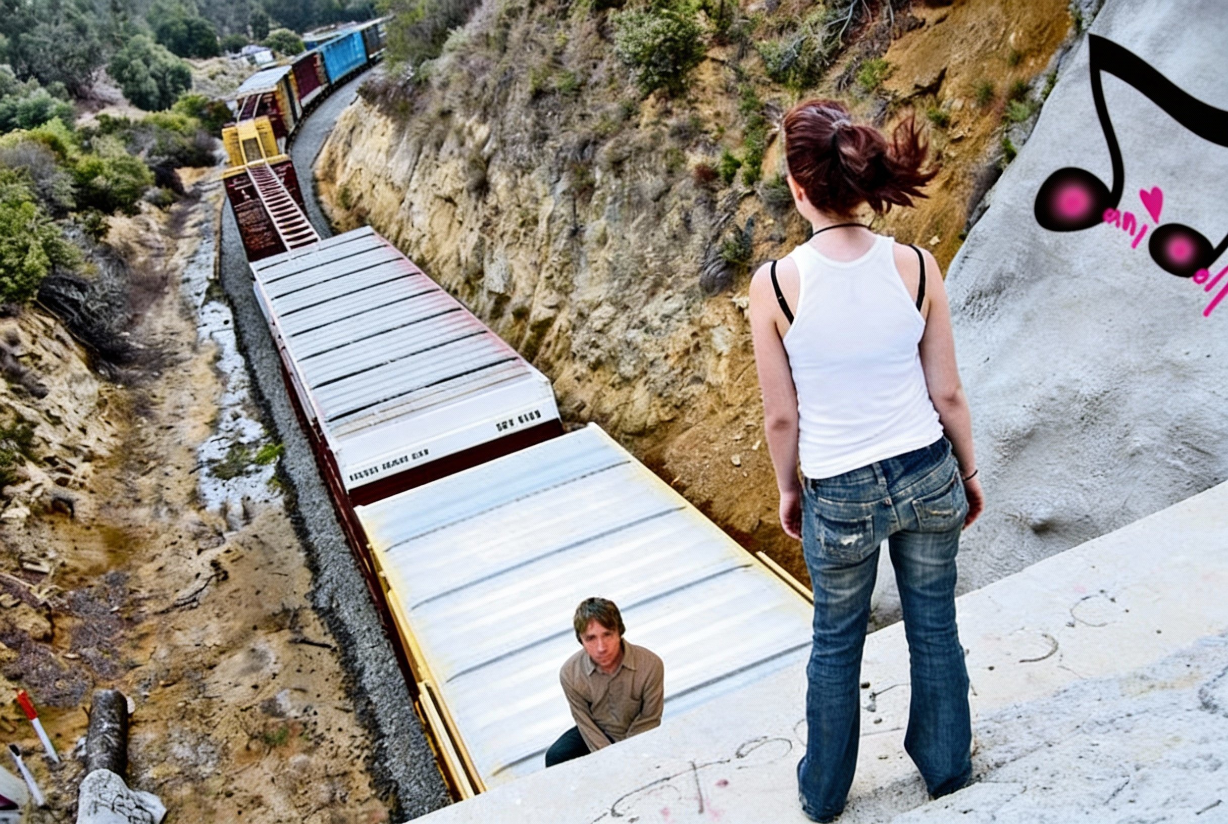 A woman with brown hair in a white tank top and jeans standing on a concrete ledge, looking down at a train derailment scene below. A man is sitting on the ground next to the train tracks with the train tracks curving nearby.