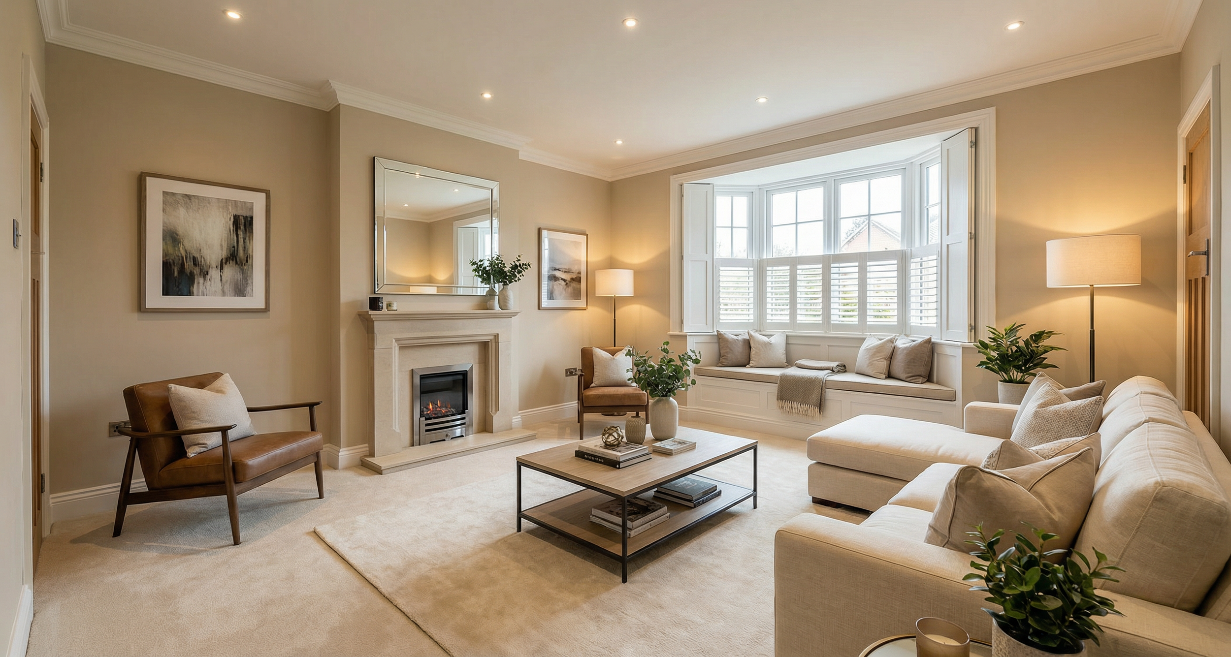 A cozy living room with beige walls and carpet, a white sofa with pillows, a large bay window with shutters, a fireplace with a mirror above, a wooden armchair, a coffee table with books and decor, and lamps providing warm lighting.