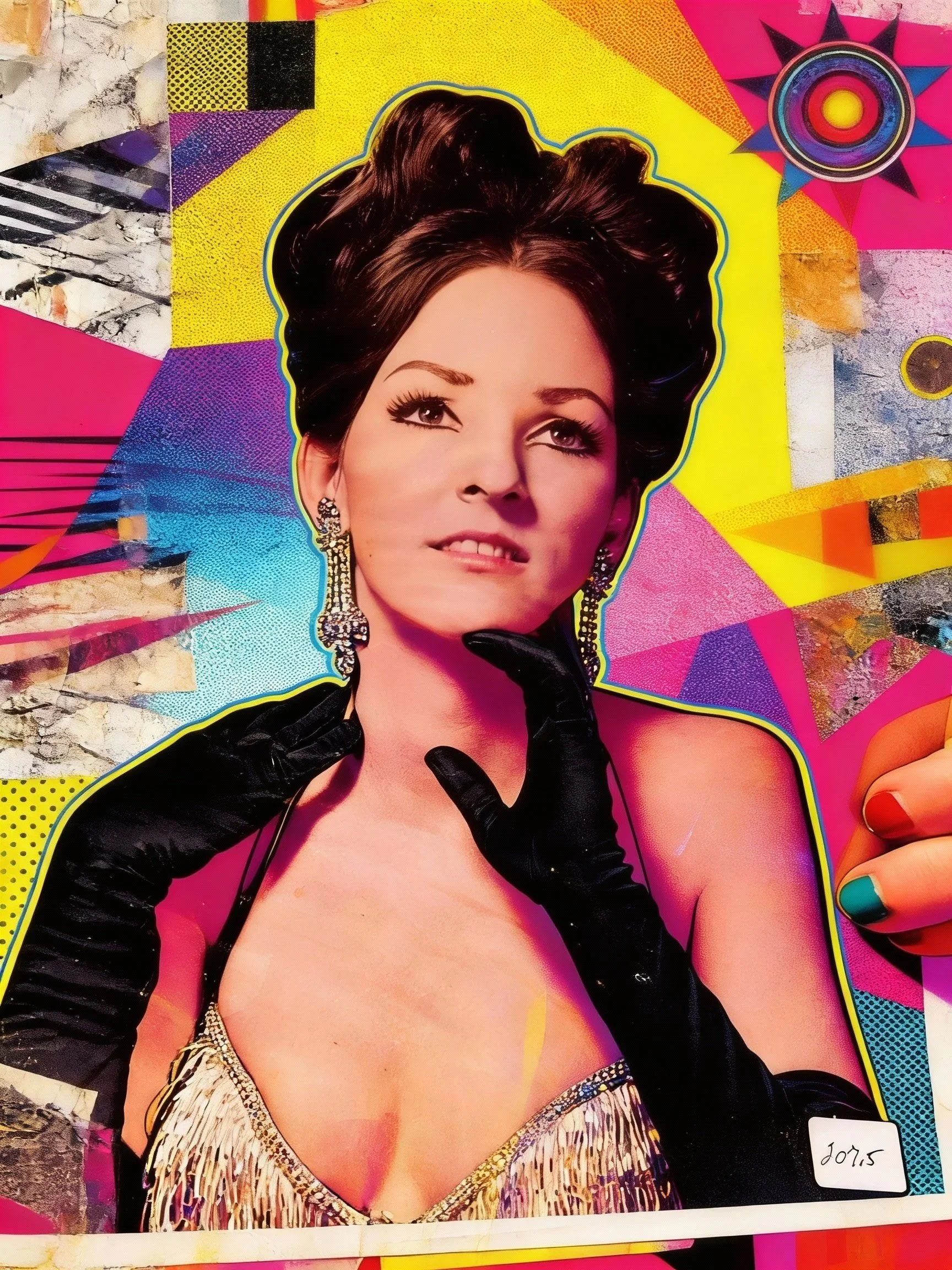 A collage of a glamorous woman with dark hair, wearing large earrings and a headband, touching her chin with gloved hands, set against a colorful, abstract background.
