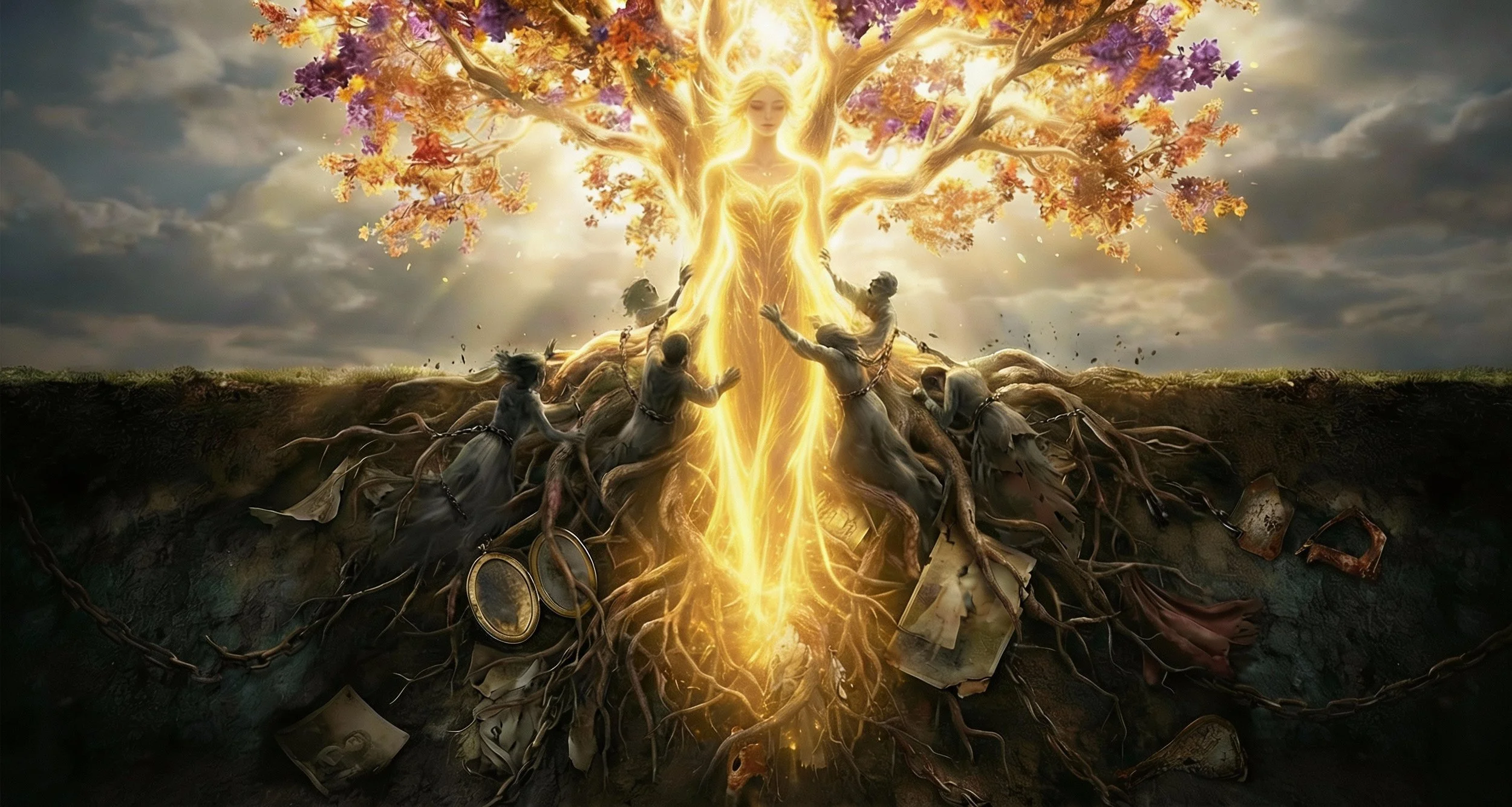 A glowing female figure with a crown of light stands at the center of a large tree with pink and purple leaves. The tree's roots extend underground, intertwined with chains, old photographs, and coins, with some items scattered on the ground. The bac