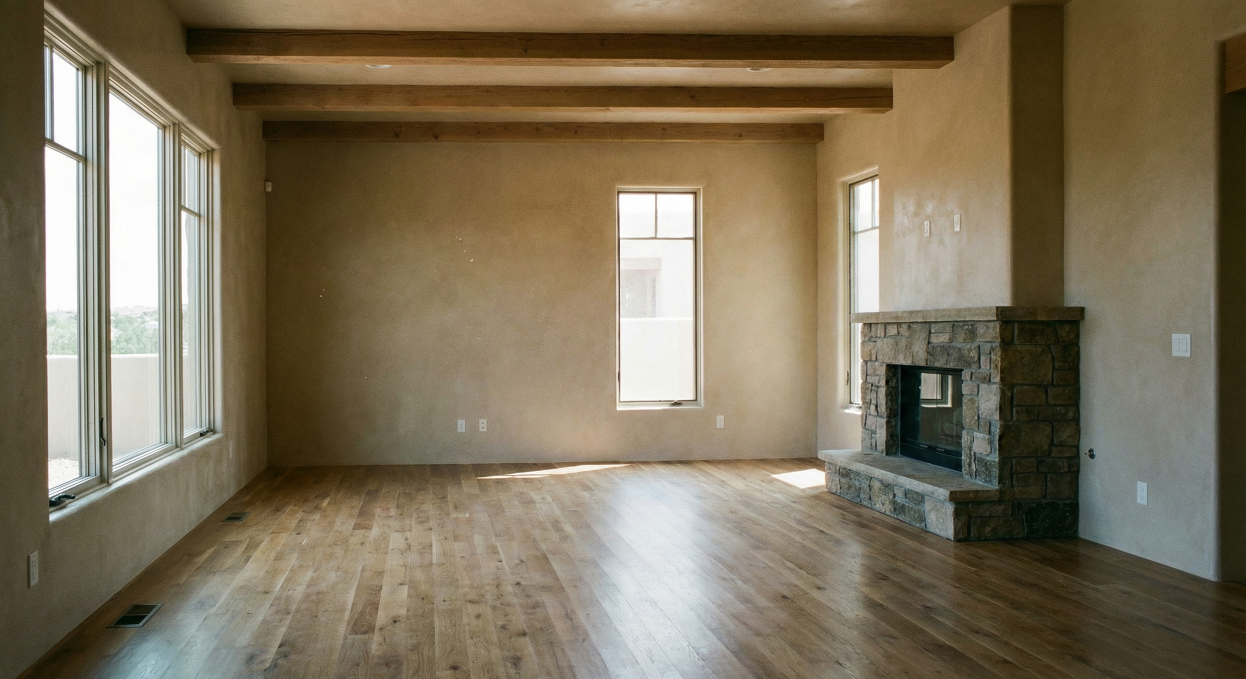 Empty living room with wooden floors, beige walls, exposed wooden beams on the ceiling, a stone fireplace, and large windows allowing natural light.