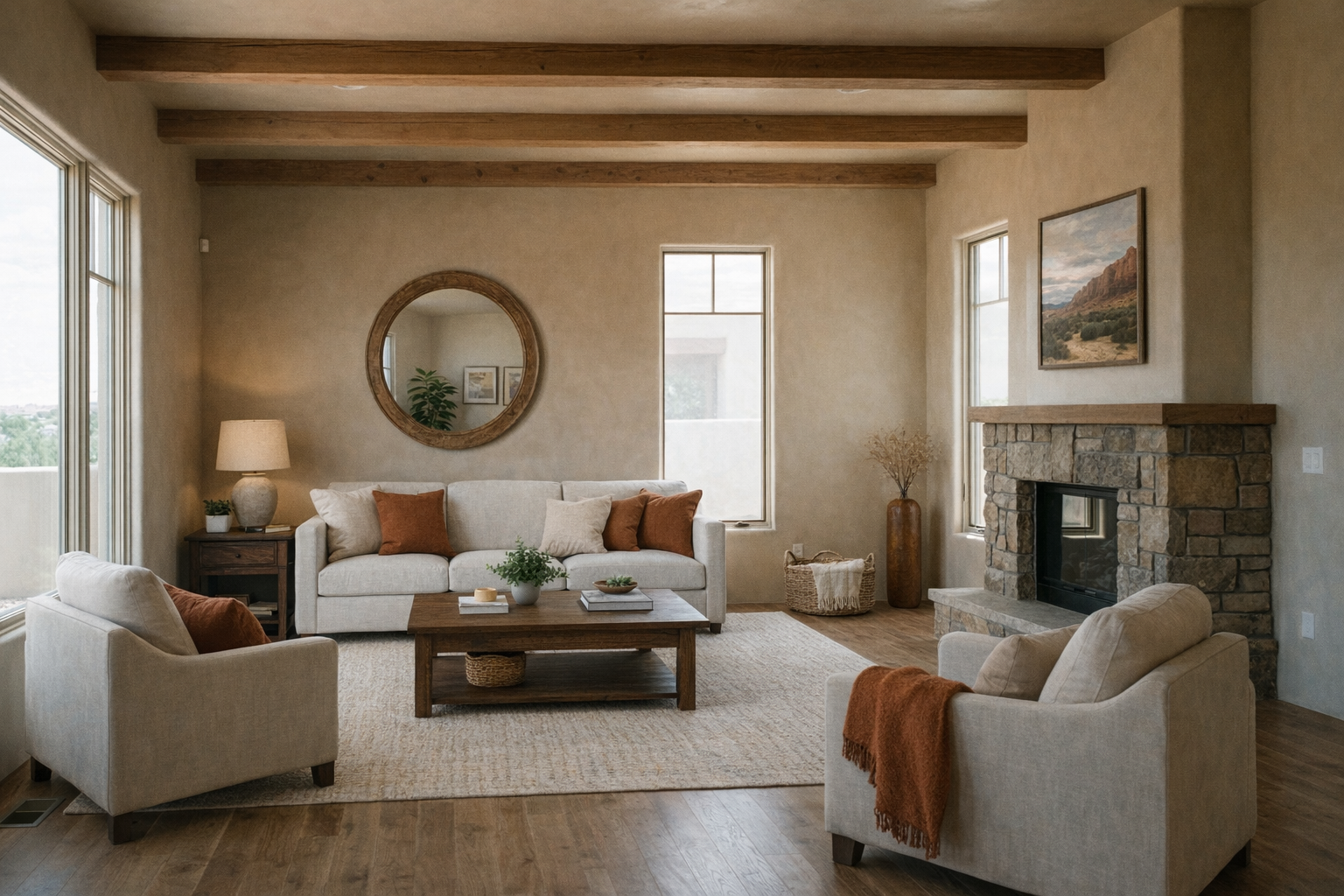 Living room with beige walls, wooden ceiling beams, a stone fireplace, and large windows. Features a white sofa with brown pillows, two beige armchairs with orange blankets, a wooden coffee table, and various decorative items including a round mirror