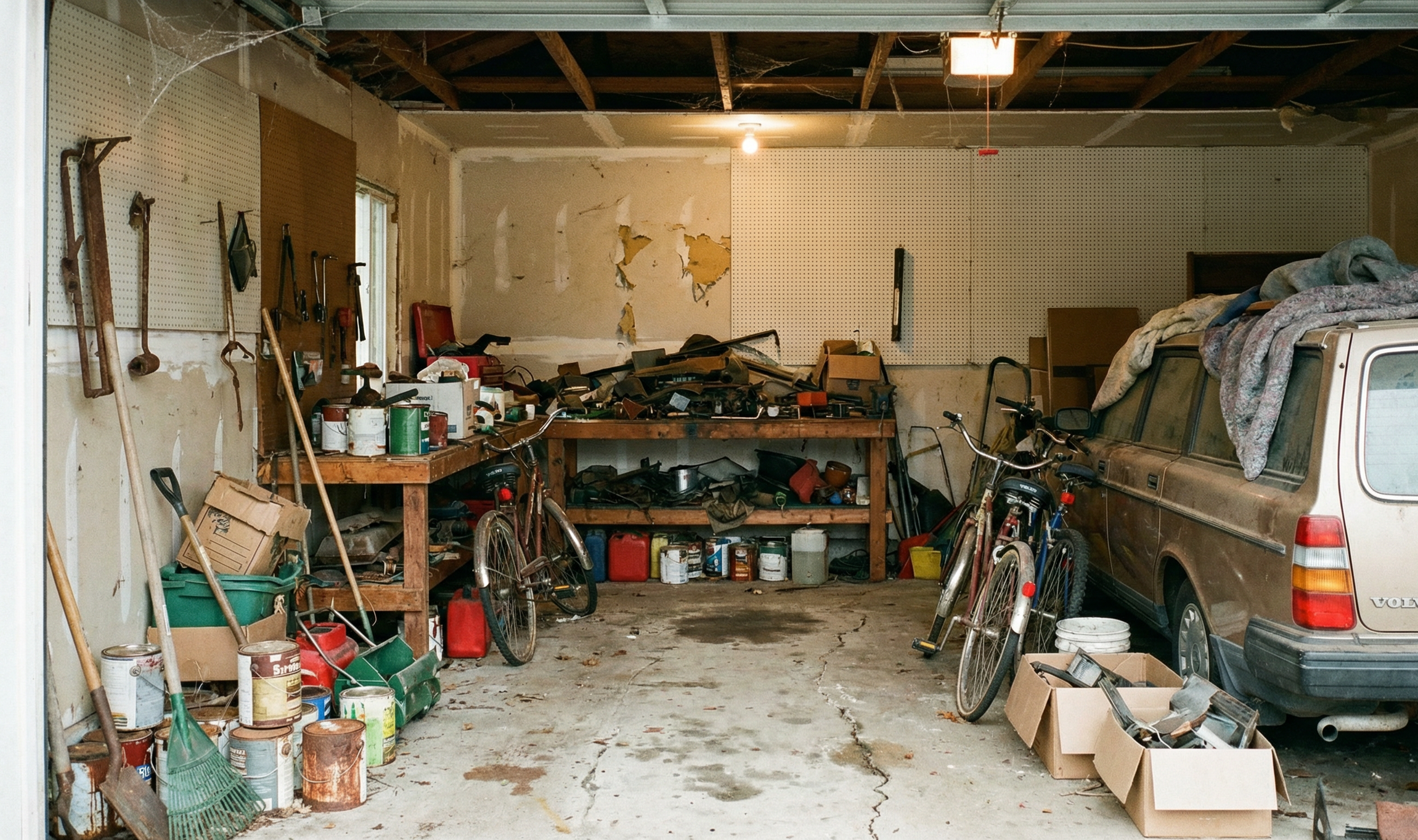 A cluttered garage with tools hanging on the wall, bicycles, a car covered with a blanket, and various containers and boxes on the floor and shelves.