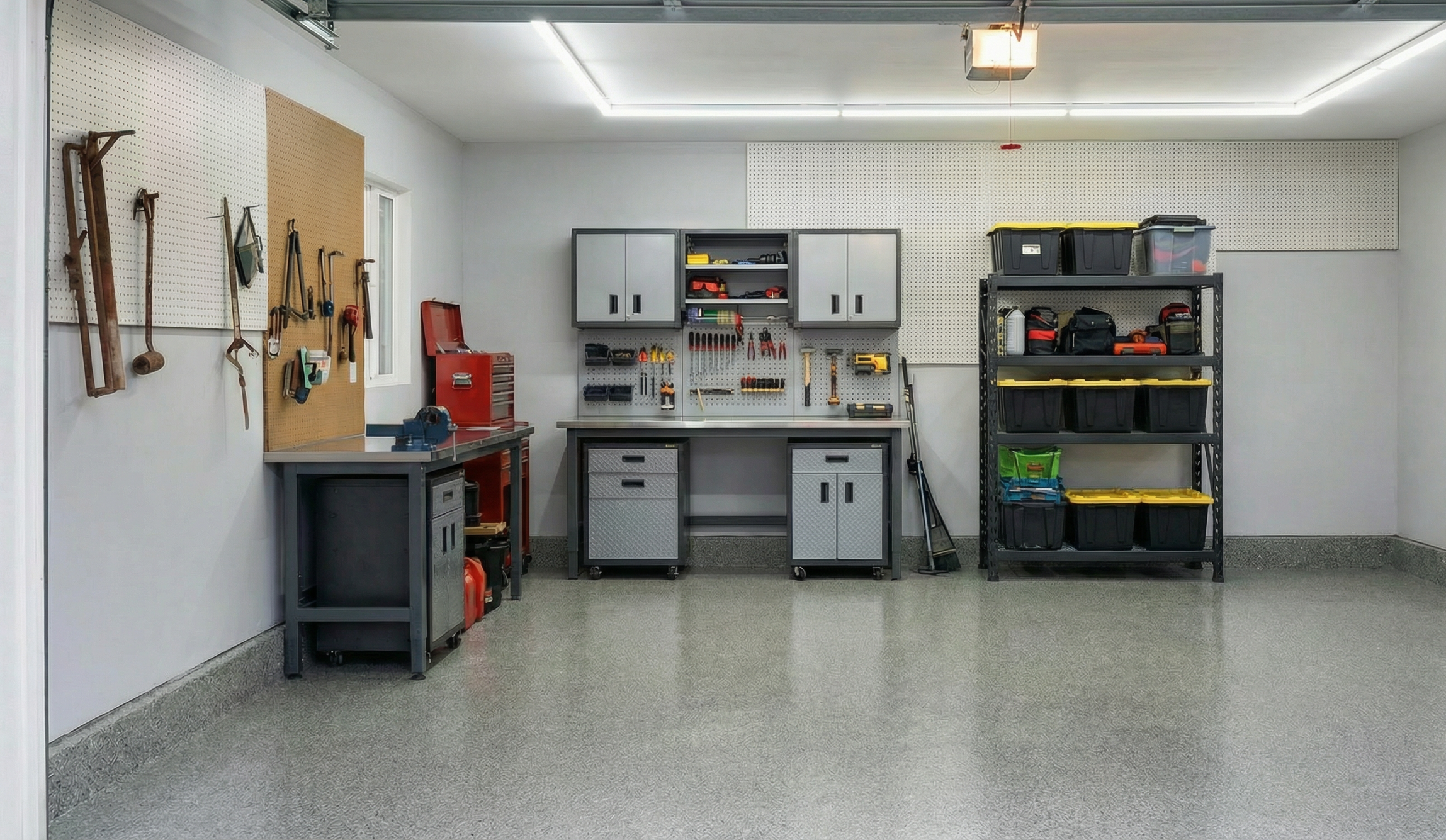 A clean organized garage with tools on pegboard, storage cabinets, shelving units, and workbenches.