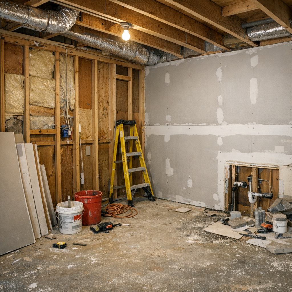 Interior of a room under construction, showing exposed wooden framing, insulation, and a partially finished drywall wall. Tools and construction materials are scattered on the floor, including a ladder, buckets, and drywall.