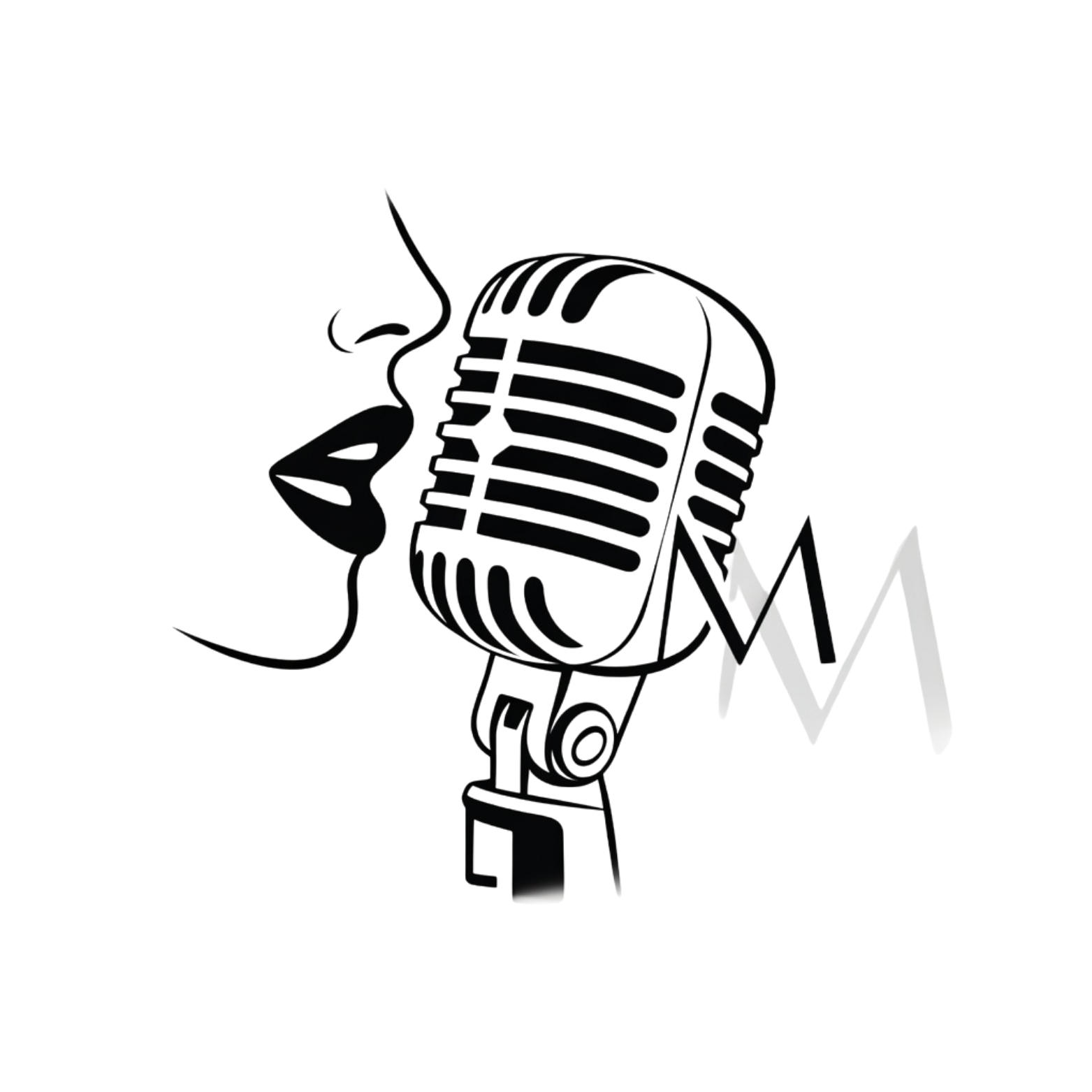 Silhouette of a person singing into a vintage microphone with a fluctuating line graph overlay