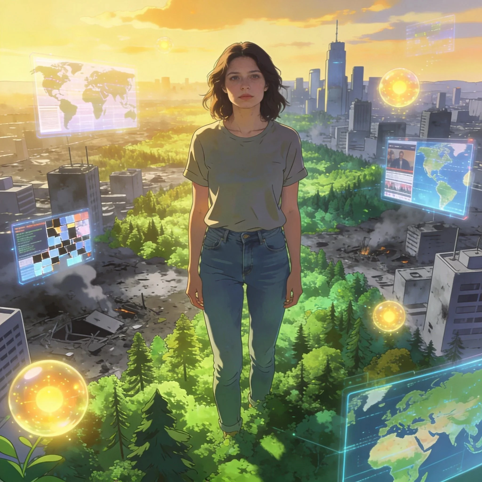 Digital illustration of a young woman in casual clothes standing over a cityscape with tall buildings, green forest, and digital screens displaying maps and news, set during sunset with a warm sky.