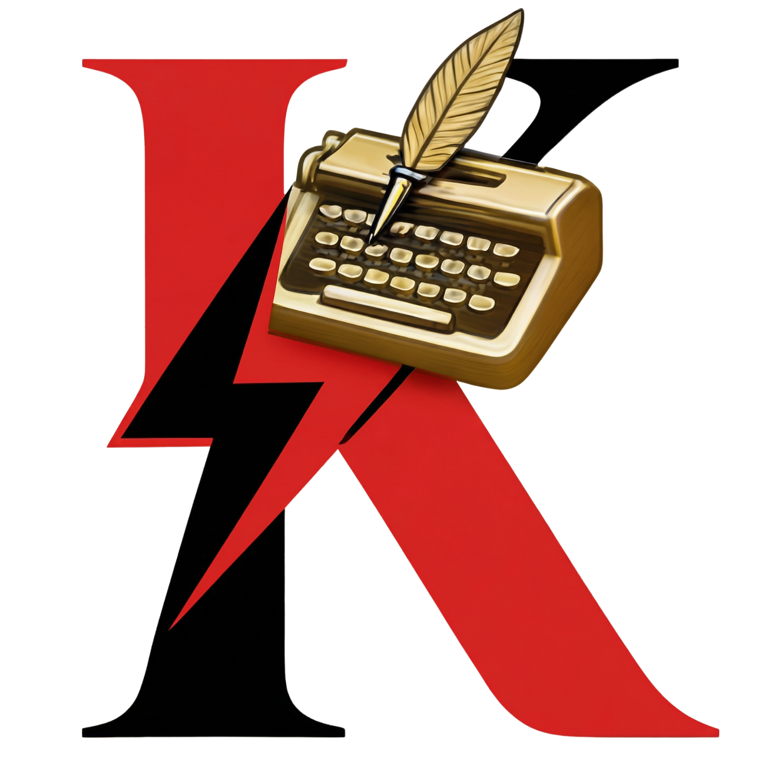 A large red letter 'K' with a black lightning bolt on it, overlaid with a vintage typewriter with a feather quill pen on top.