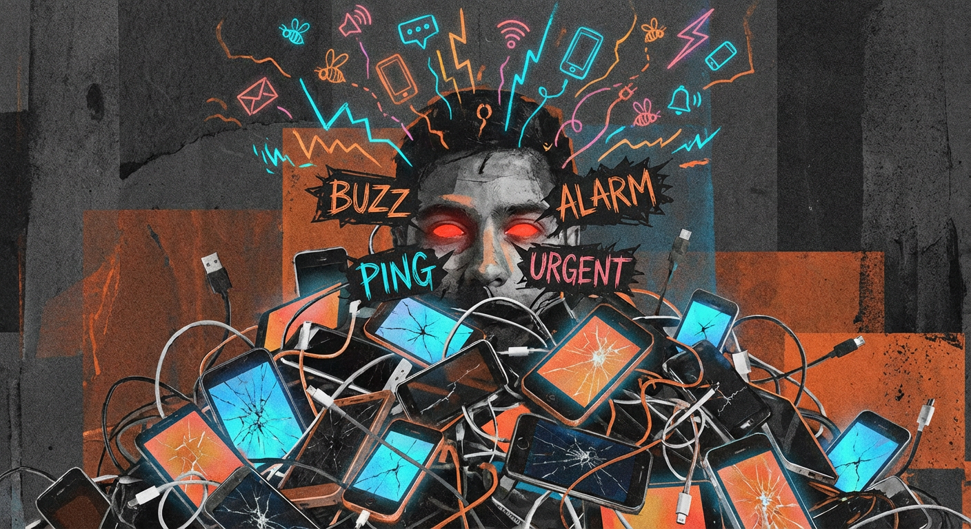 Computer-generated artwork depicting a person's face with glowing red eyes surrounded by numerous cracked smartphones and explosion illustrations. Various warning words like 'buzz,' 'alarm,' 'urgent,' and 'ping' are scattered around in colorful text,