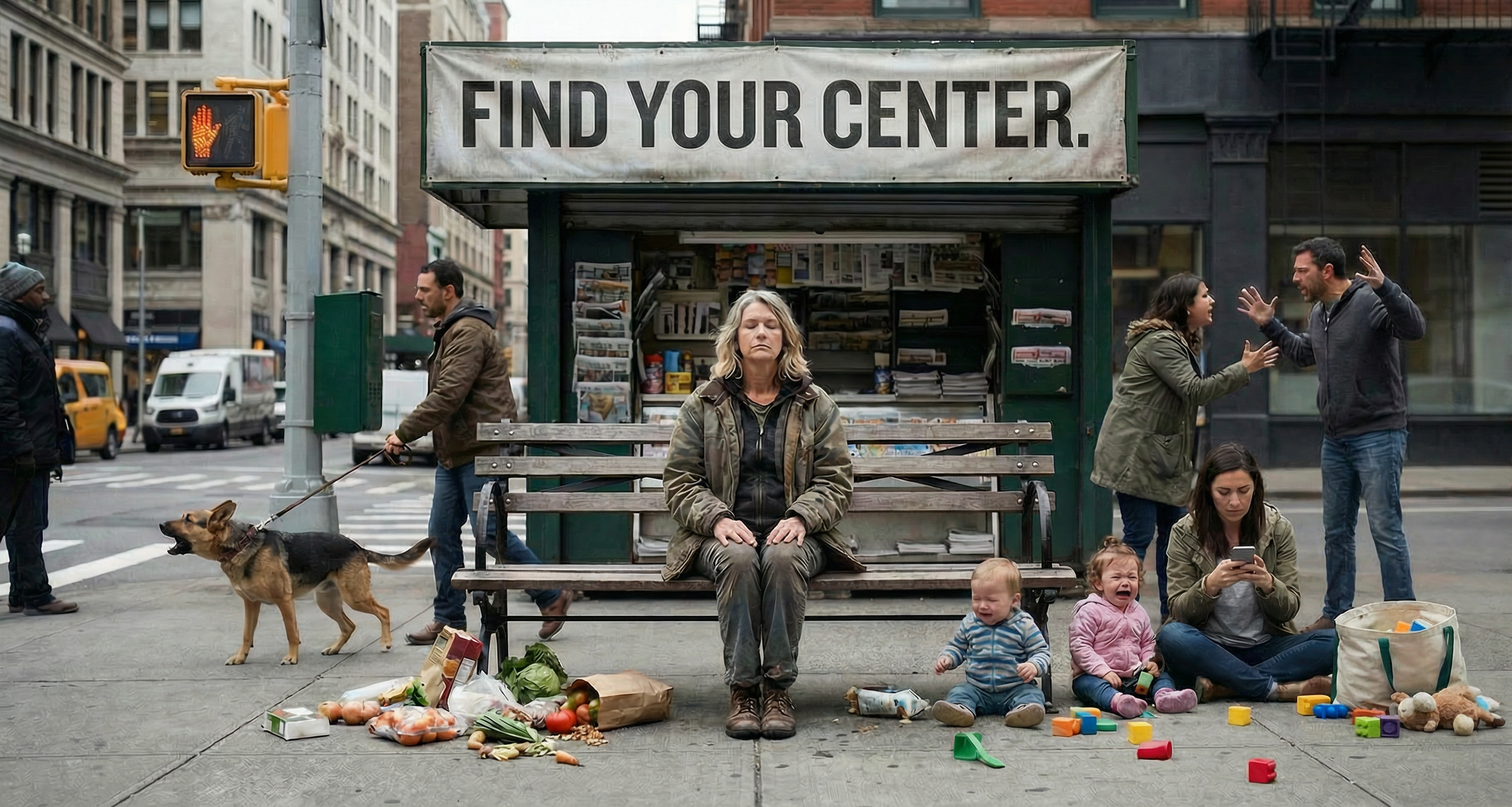 A woman sits on a bench at a newspaper stand with a sign that reads 'FIND YOUR CENTER,' surrounded by crying children and dirty food and toys scattered on the sidewalk, with adults and children in the background.