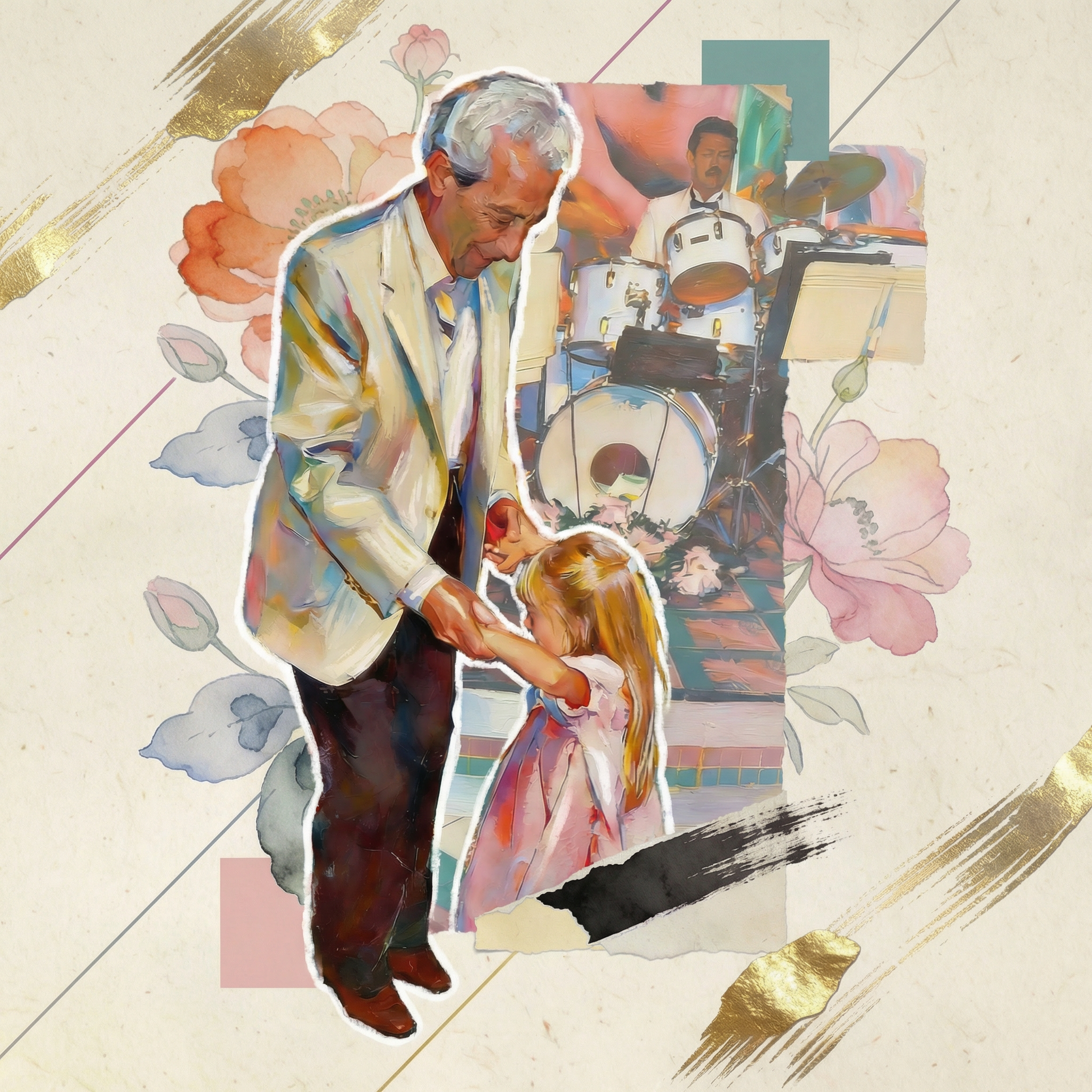 A watercolor-style illustration of an elderly man in a light blazer holding hands with a young girl in a pink dress, with a musical band in the background and floral patterns.