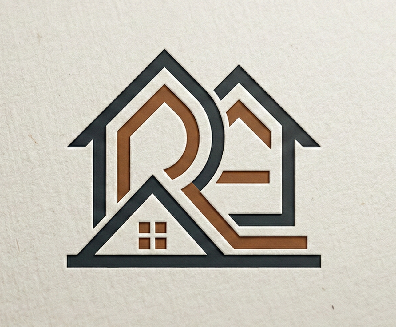 Stylized geometric logo of three overlapping houses in black, white, and brown colors.