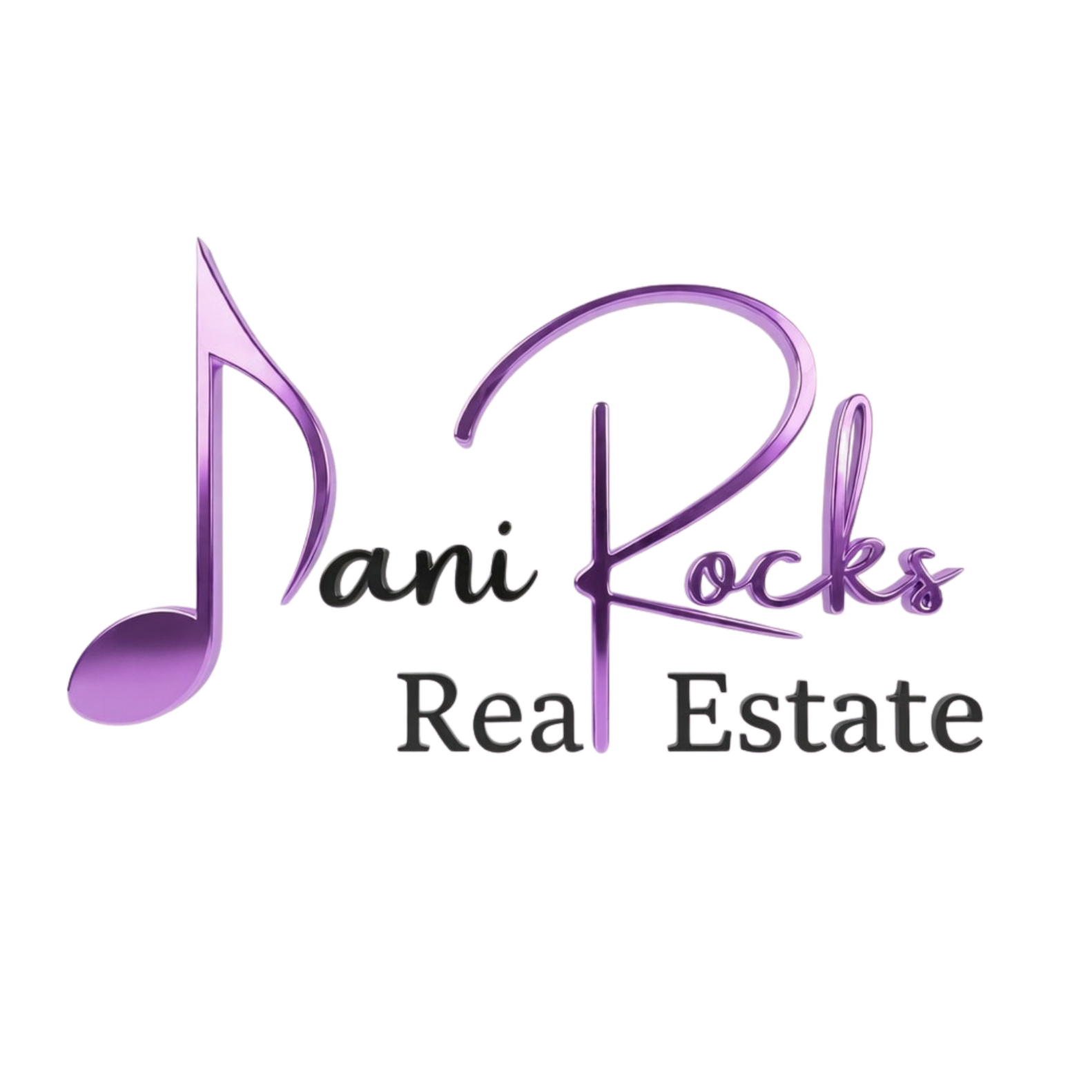 Purple neon sign with musical note and the words 'Dani Locks' and 'Real Estate' in stylized script.