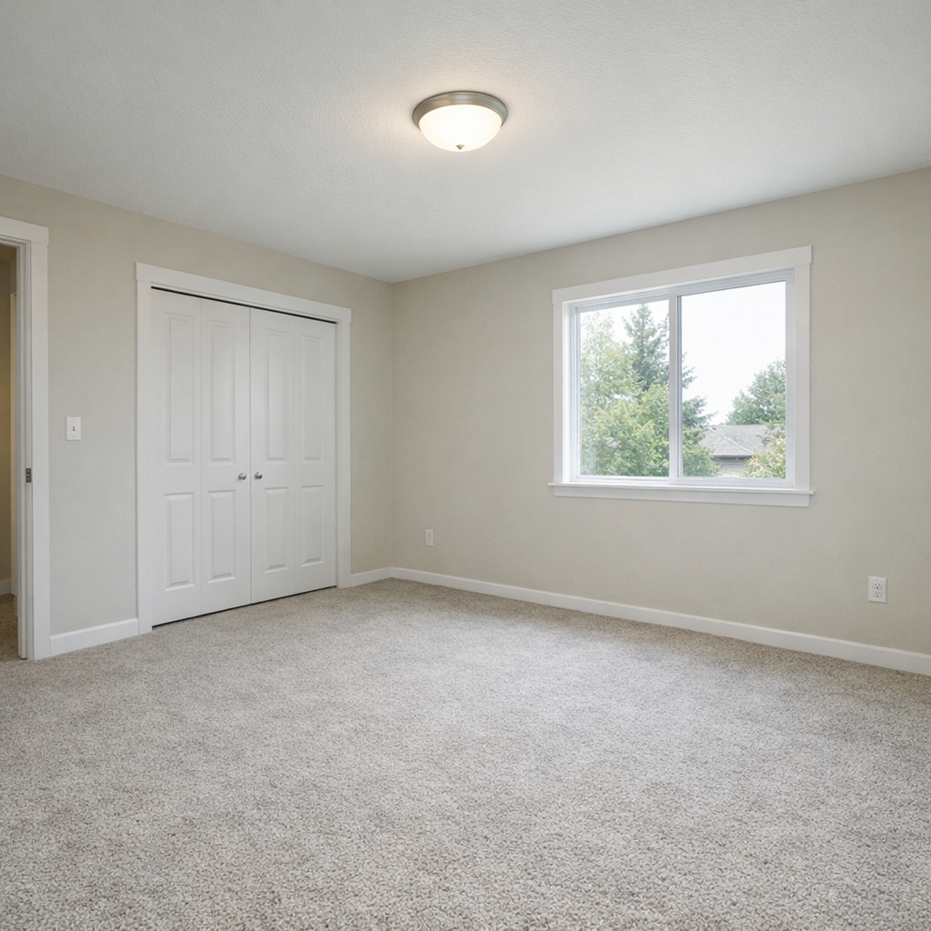 A clean, empty bedroom with beige carpet, off-white walls, a large window showing green trees outside, and a white closet with double doors.