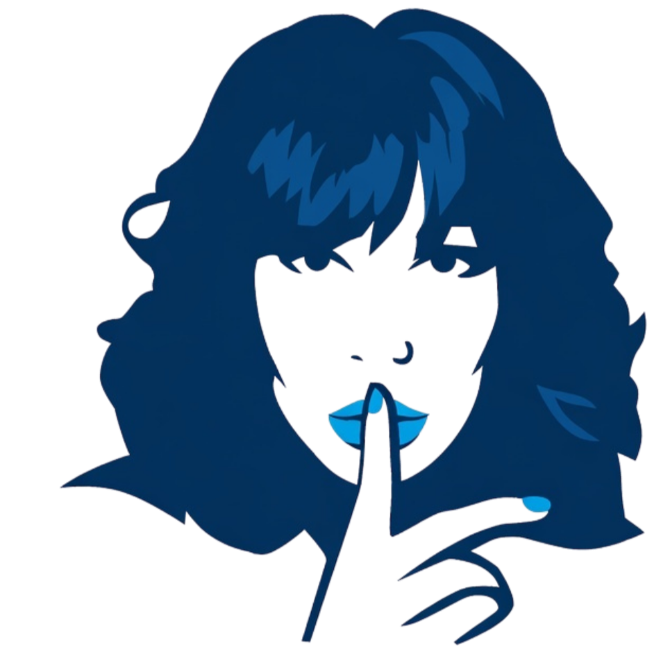 Silhouette of a woman with long, wavy hair, holding her finger to her lips in a shushing gesture. The image is in shades of blue.