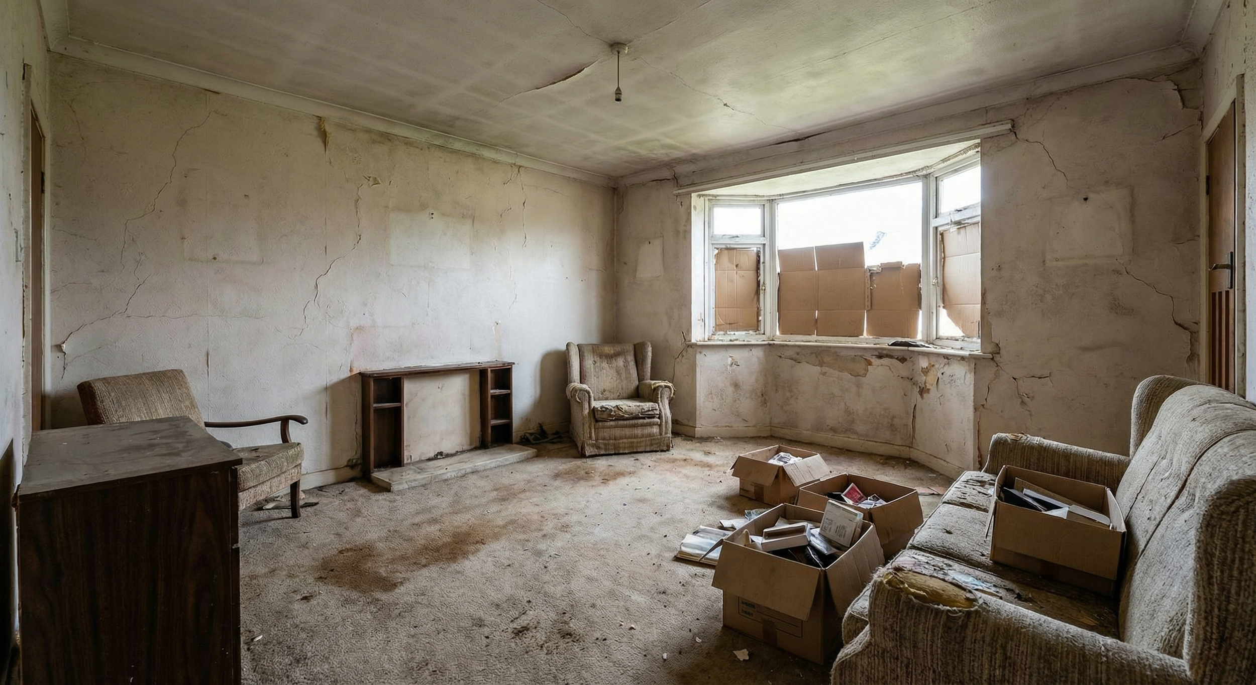 A very dirty and decayed living room with peeling paint, cracked walls, and broken furniture. There are boxes of miscellaneous items on the sofa and the floor, and windows are boarded up with cardboard.