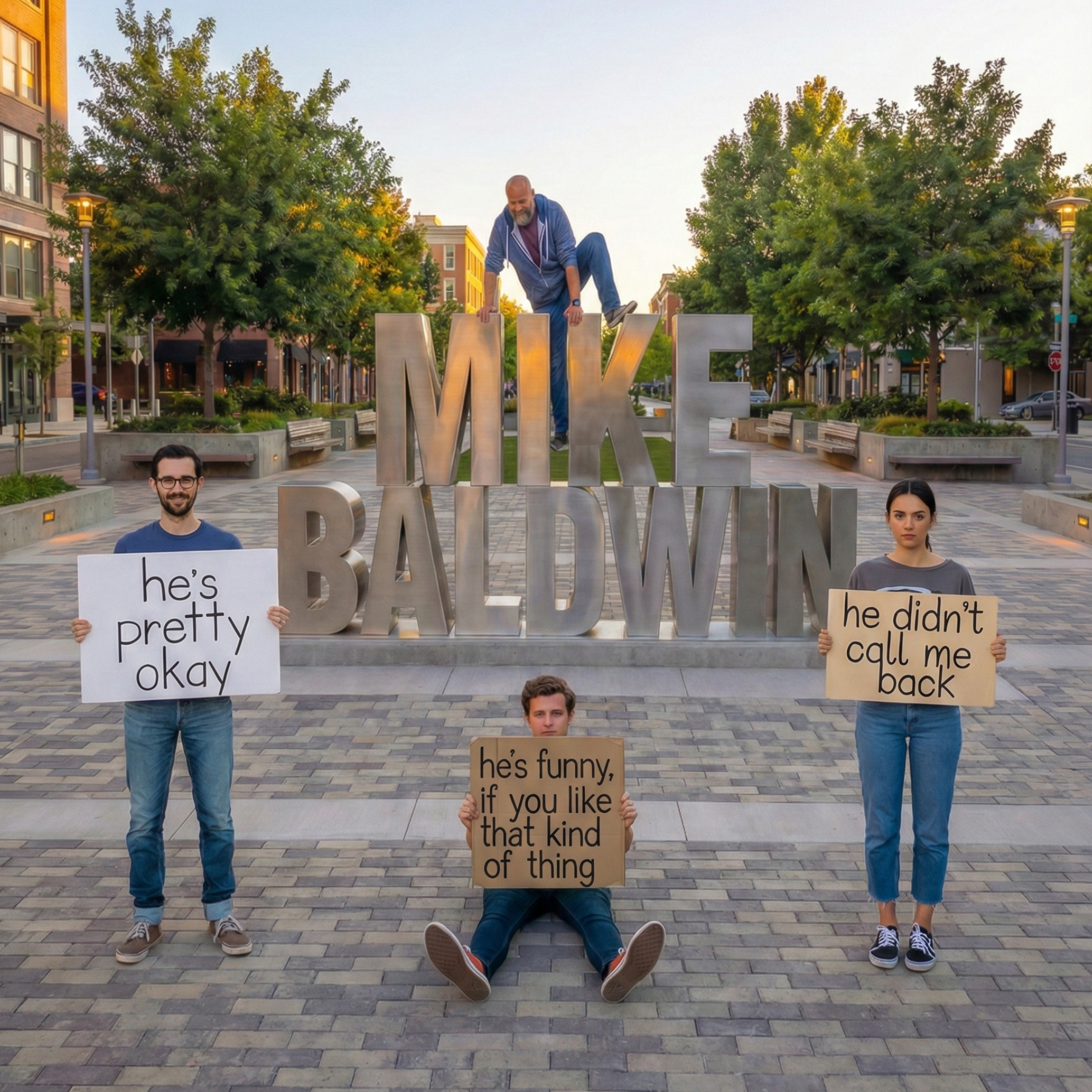 A group of four people standing and sitting around a large metallic sign that says 'MIKE BALDWIN' in an outdoor plaza with trees and buildings in the background. One person is sitting on the ground holding a sign that says 'he's funny, if you like th