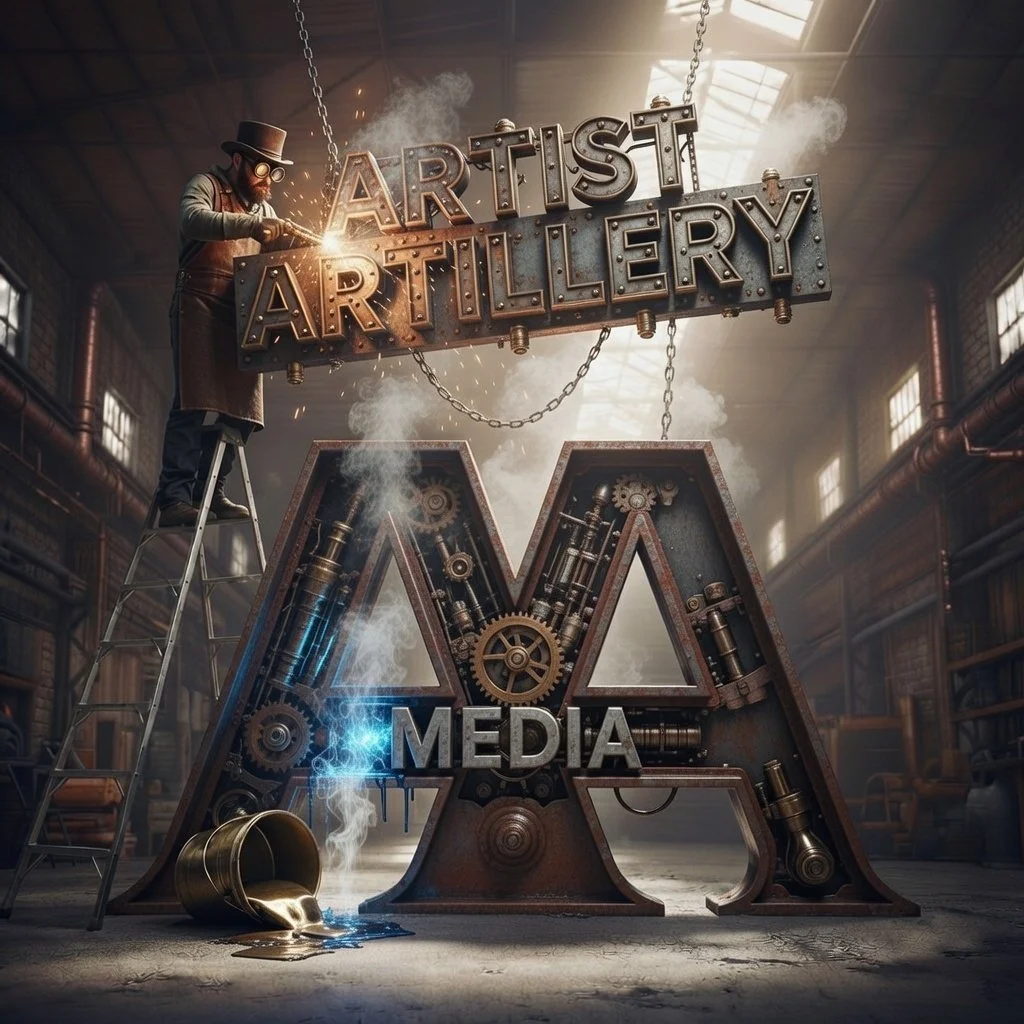 A steampunk-style artist working on a metal sign that says 'ARTIST ARTILLERY' in a large, decorated font, with industrial gears and mechanical parts. The sign is hanging above a large, three-dimensional letter 'A' filled with gears and machinery, wit
