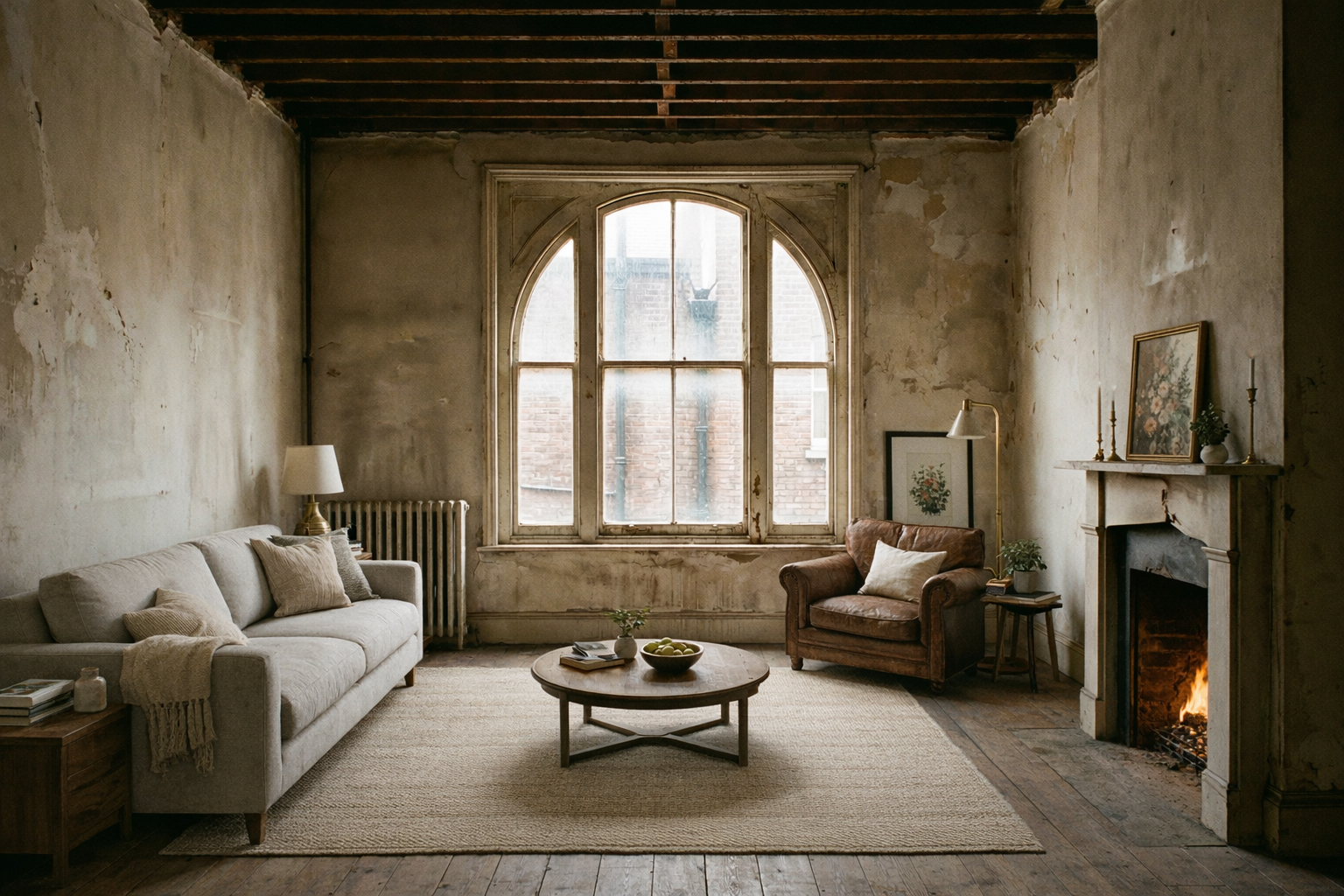 Living room with vintage style, beige sofa, armchair, coffee table, fireplace with fire, large arched window, and rustic interior decor.