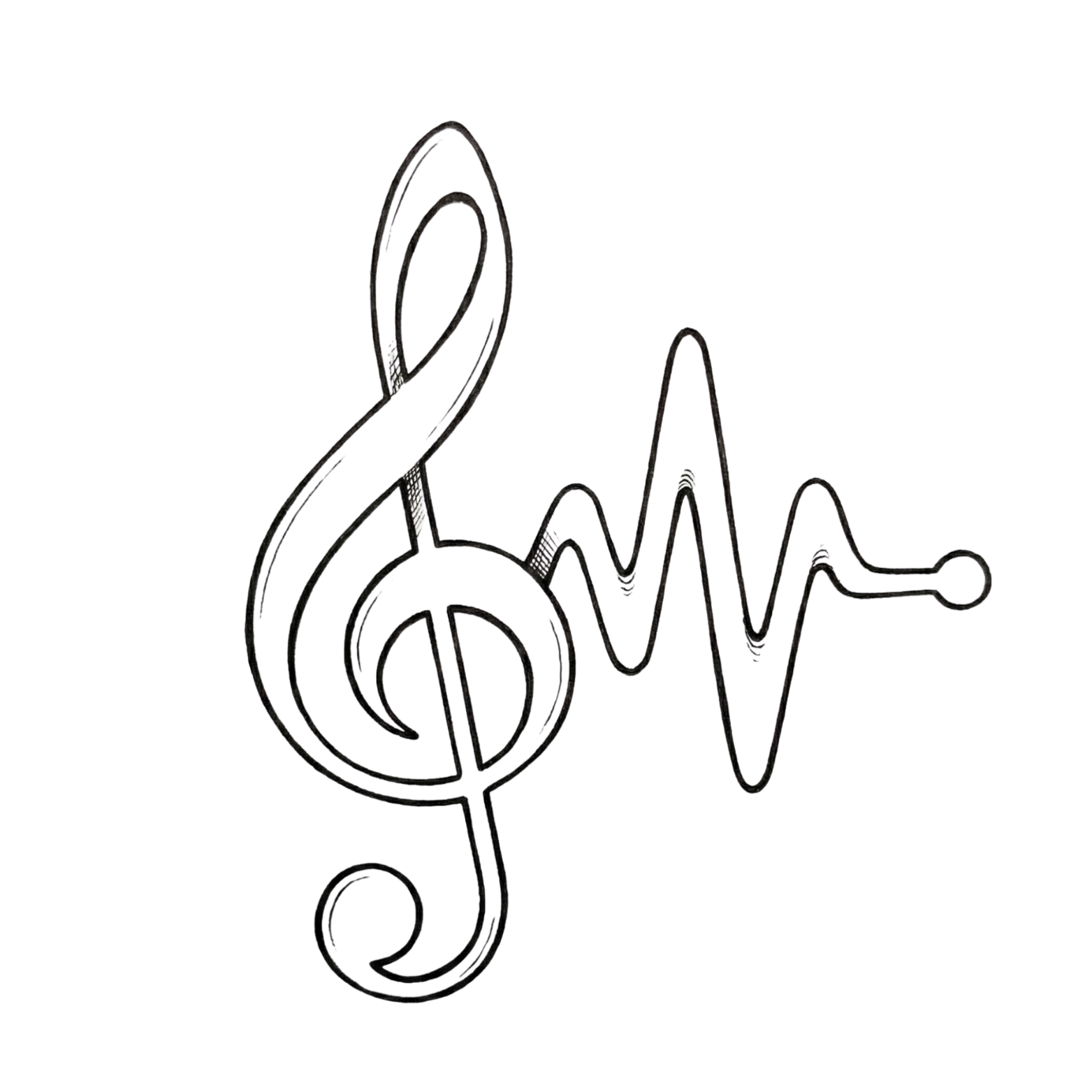 A black neon sign featuring a treble clef with an integrated heartbeat line.