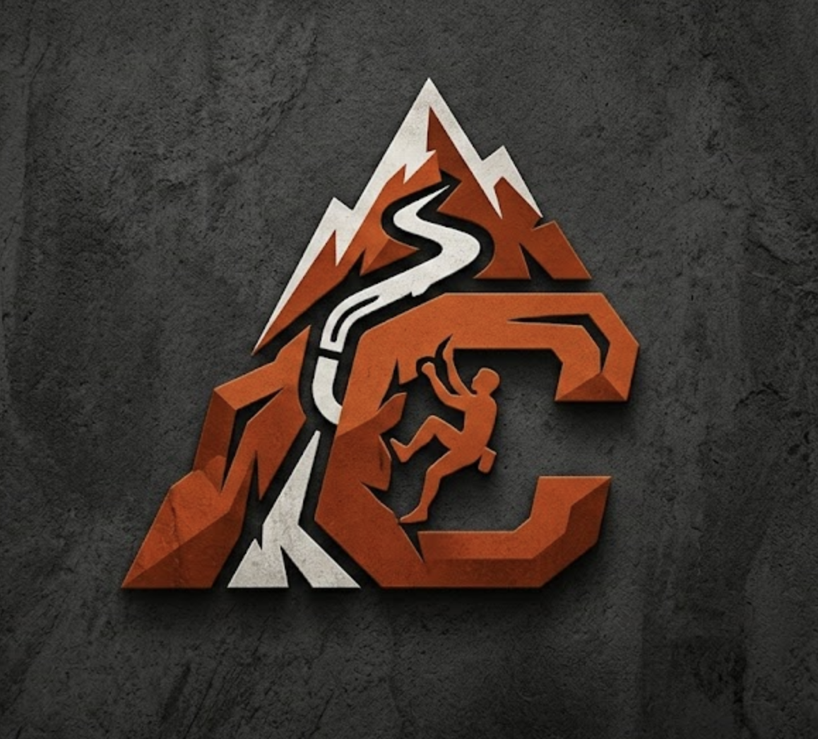 Stylized logo featuring a mountain with a winding road, a hiker with a walking stick, and the letter E, all designed in orange, black, and white on a dark textured background.