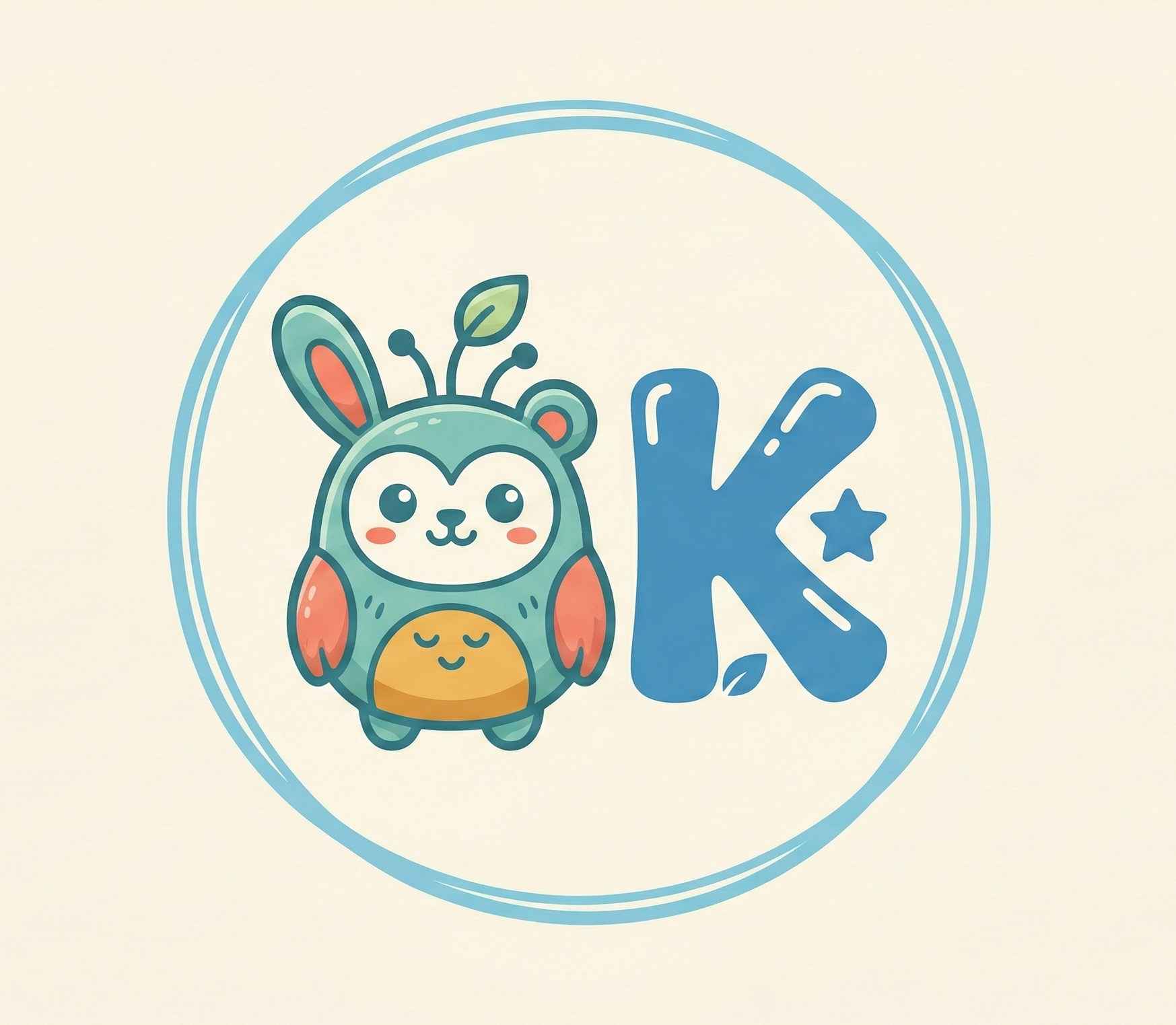 Cute cartoon koala character with plant sprouting from head, next to a blue letter 'K' and star inside a double blue circle.