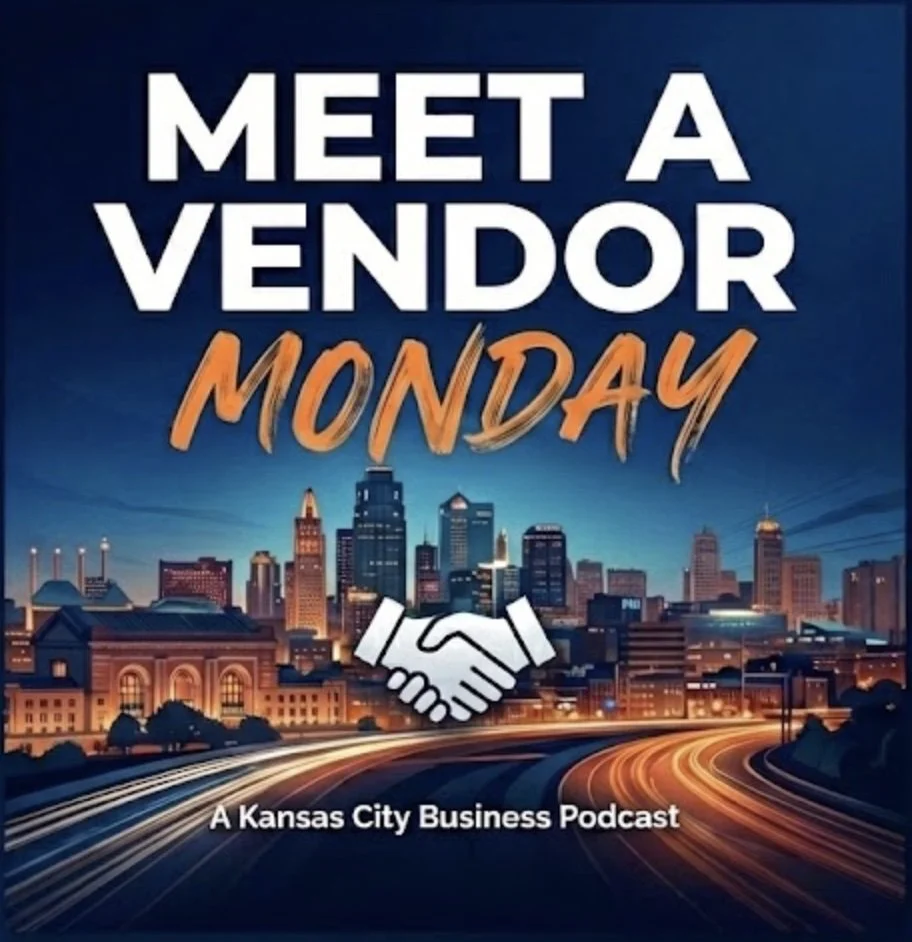 Podcast cover for 'Meet a Vendor Monday,' a Kansas City business podcast, featuring a city skyline with handshake icon.