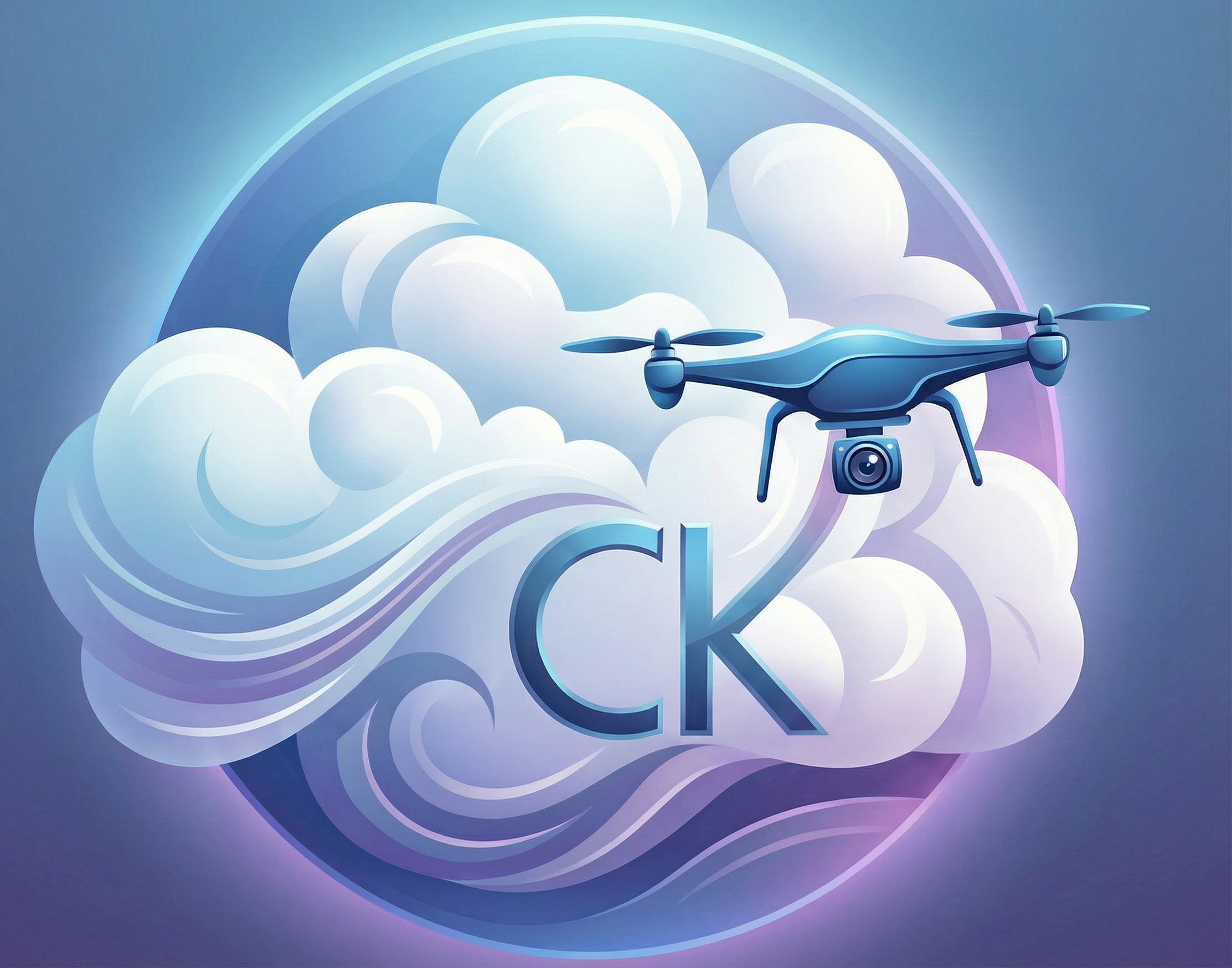 Digital illustration of a drone flying among stylized clouds, with the letters "CK" in the foreground.