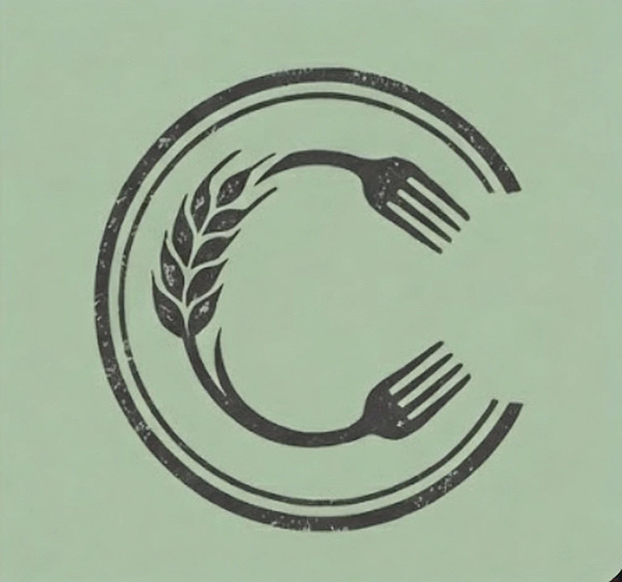 Design featuring two forks and a wheat stalk forming the letter C within a circular border.