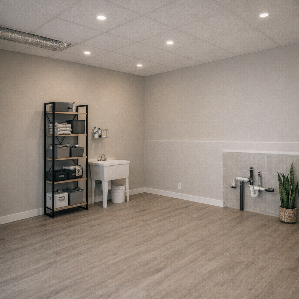 Empty laundry room with open space, wood flooring, a tall black metal and wood shelving unit with towels and storage bins, a utility sink, and exposed plumbing on the wall with a potted plant nearby.