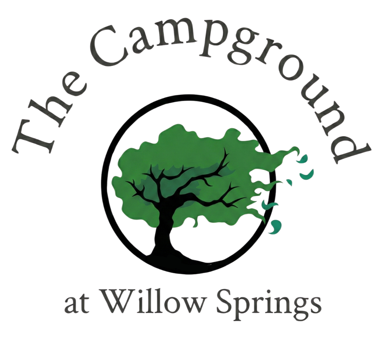 Logo for the Campground at Willow Springs featuring a green tree in the center with black branches, encircled by the text 'The Campground at Willow Springs'.