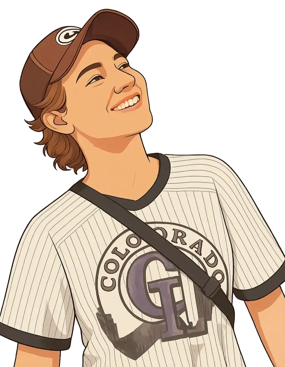 A person with medium-length wavy brown hair, wearing a brown baseball cap, a baseball jersey with the Colorado Rockies logo, smiling and looking upward.