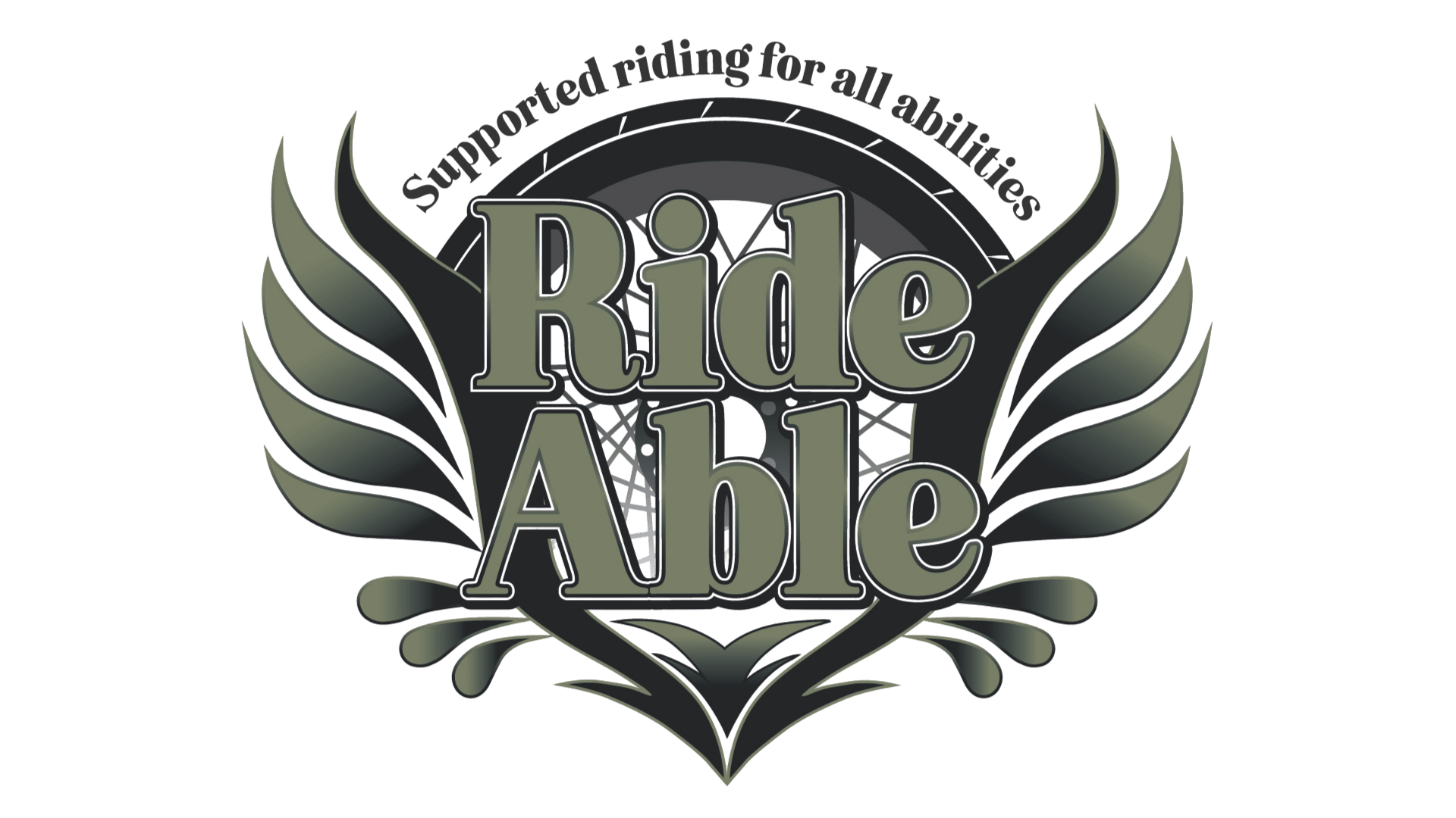 A logo with the words 'Ride Able' in large stylized font, surrounded by decorative wings and a circular design in the background. The text 'Supporting riding for all abilities' is curved around the top of the circle.