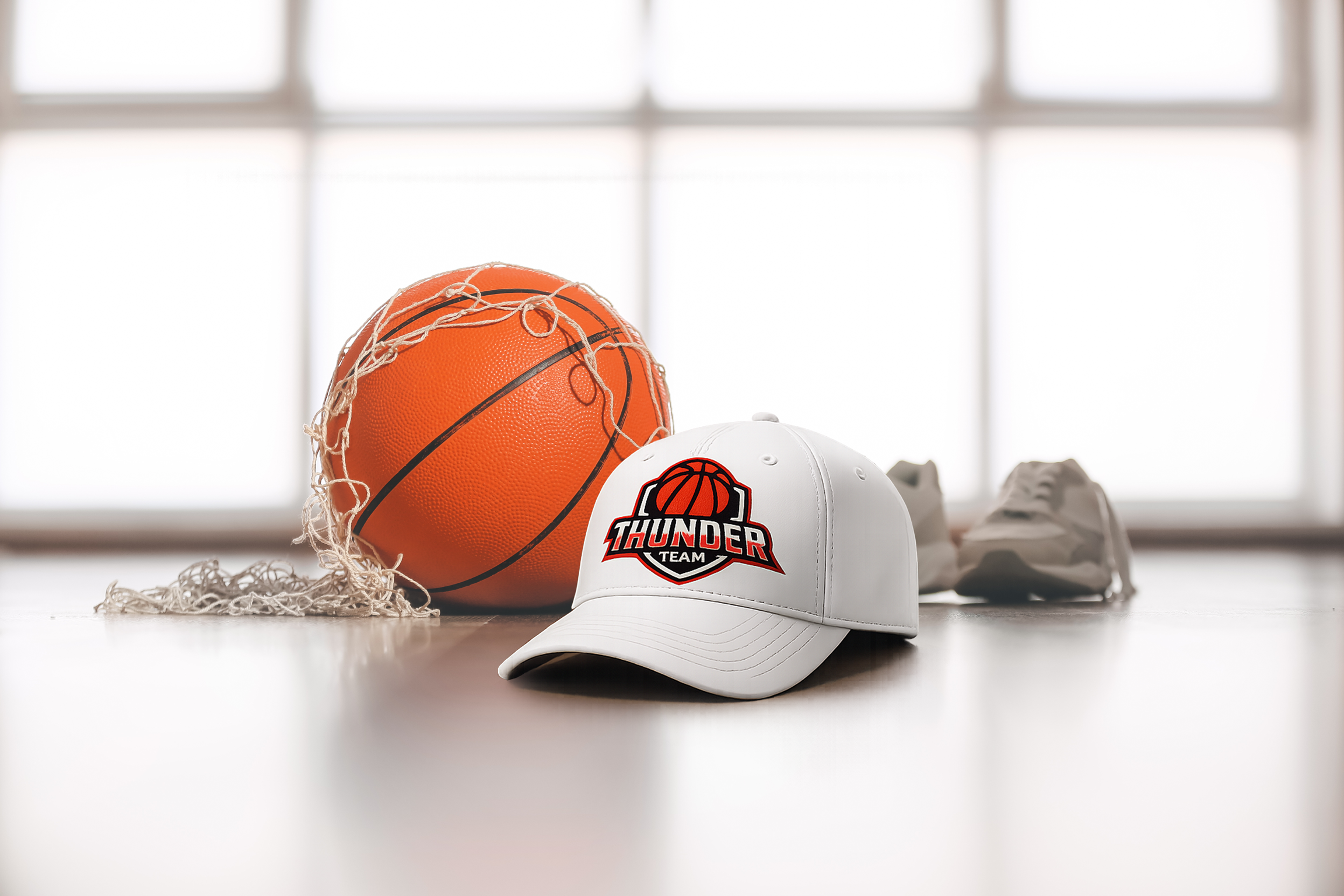 Basketball with net, white cap with "Thunder Team" logo, pair of shoes, and crumpled paper on a table in front of a large window