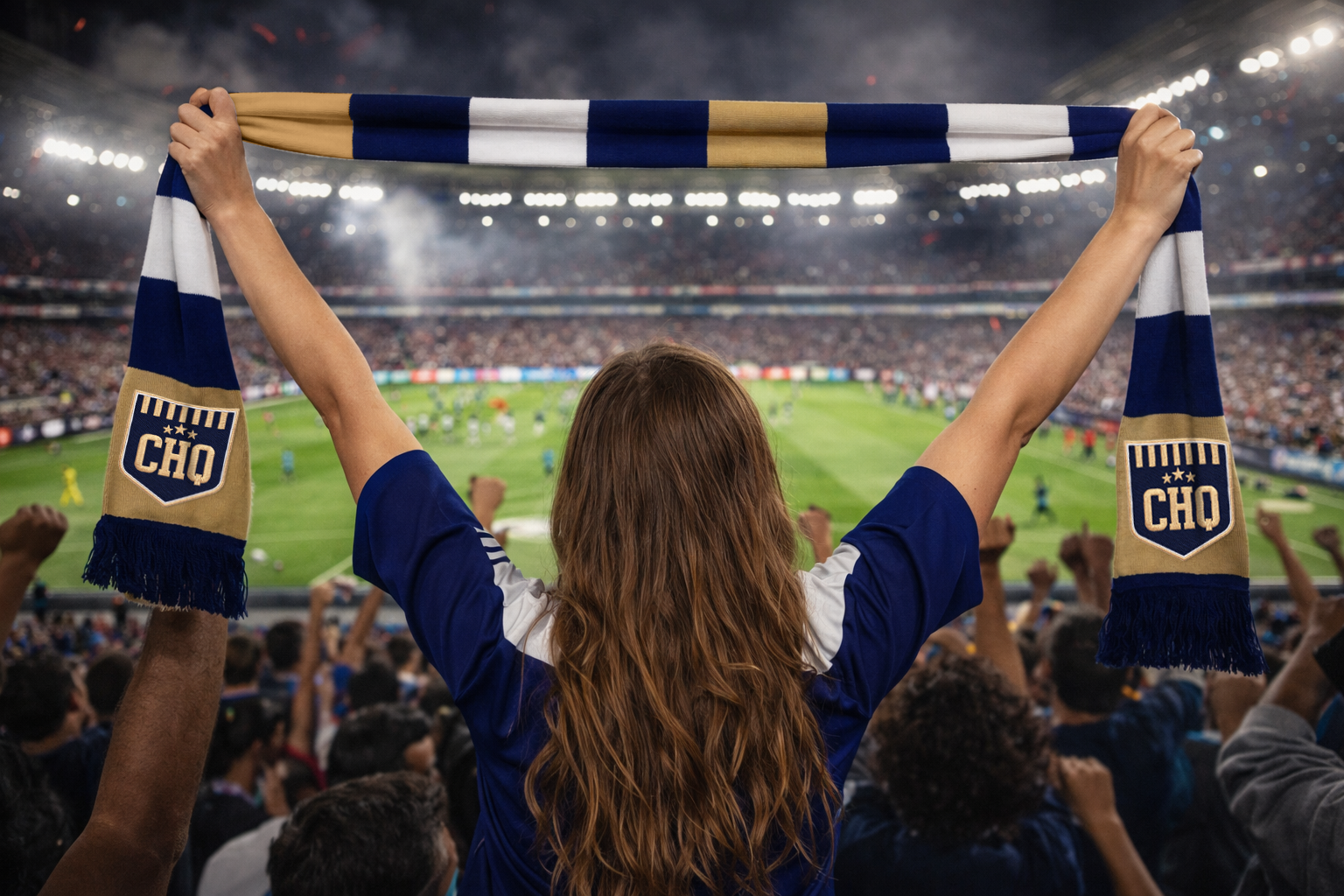 A woman with long hair holding a soccer scarf above her head at a stadium filled with cheering fans during a match.