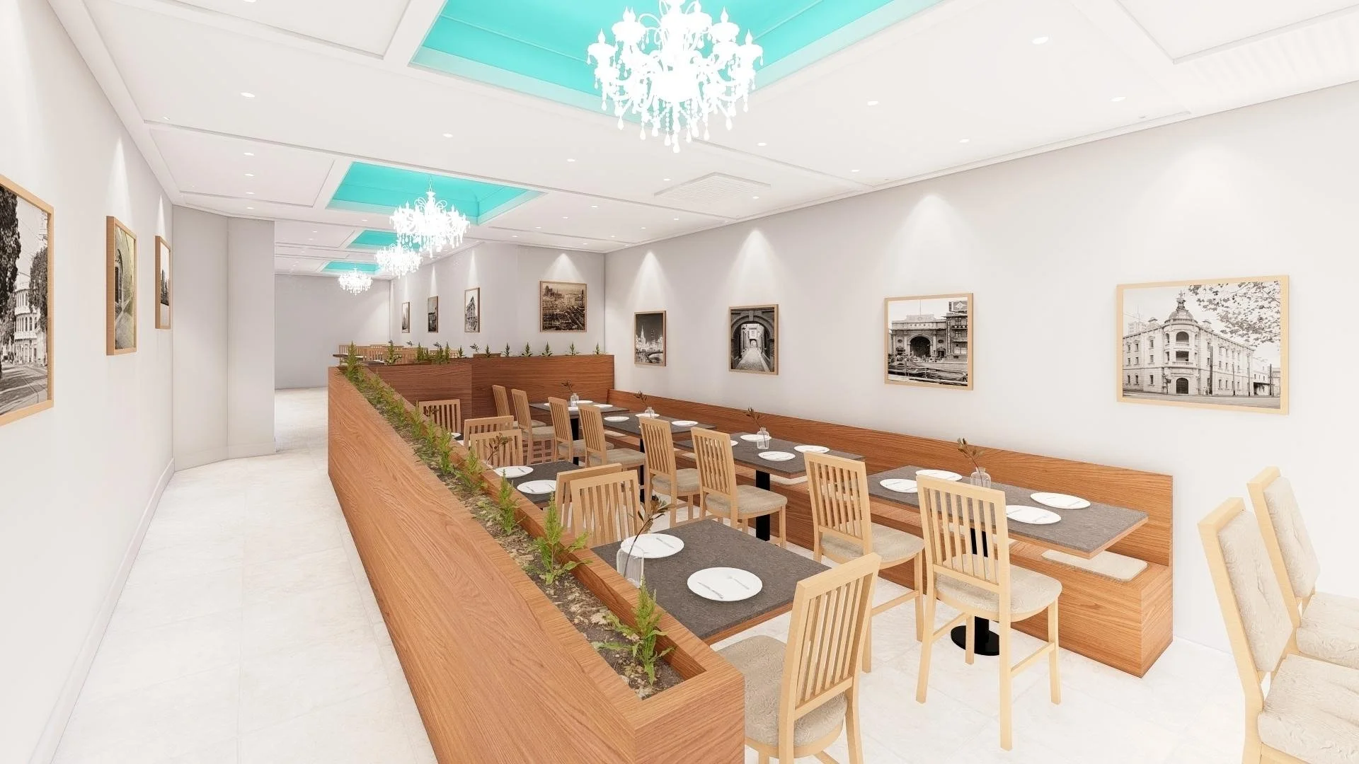 Restaurant layout visualization featuring custom banquette seating and dividers. demonstrating space planning efficiency for New York City commercial leases.