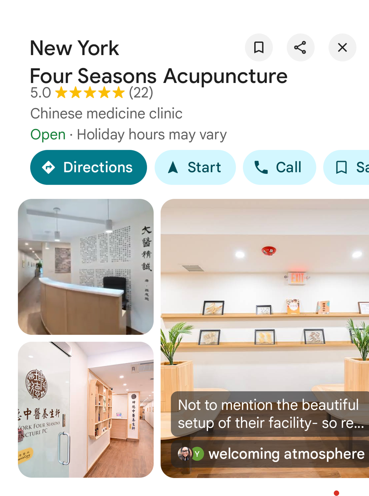 Interior photos of a Chinese medicine clinic named Four Seasons Acupuncture in New York, showing the reception area, interior decor, and framed artwork on shelves.
