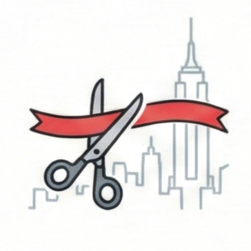 Scissors cutting a red ribbon in front of a city skyline with a tall building.